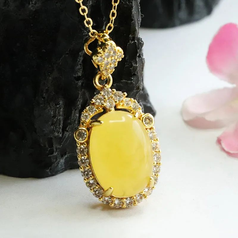 Pendant Necklace with Genuine Amber Beeswax and Zircon Gemstones