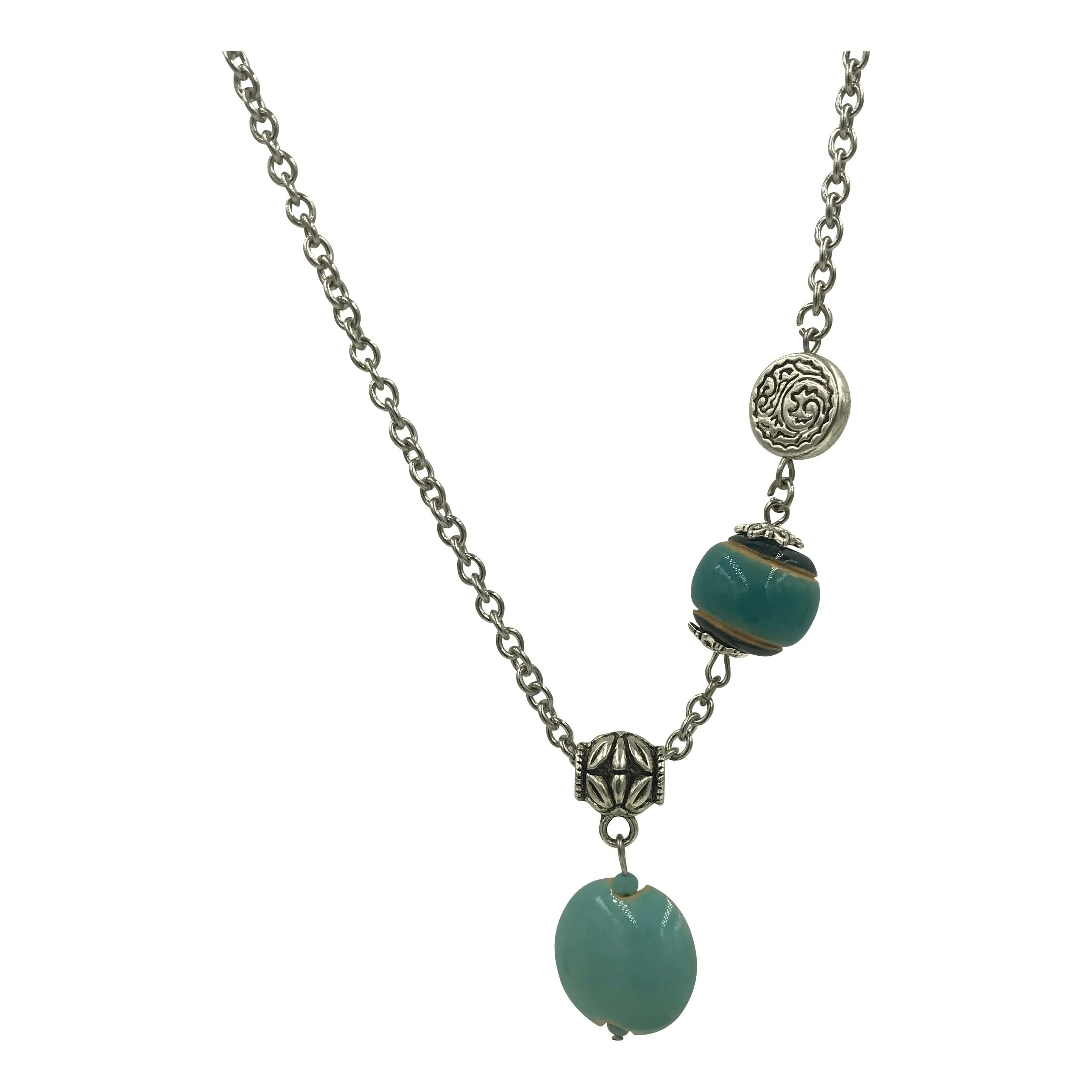 Pendant Necklace with Teal, Ocean Blue and Silver Beads