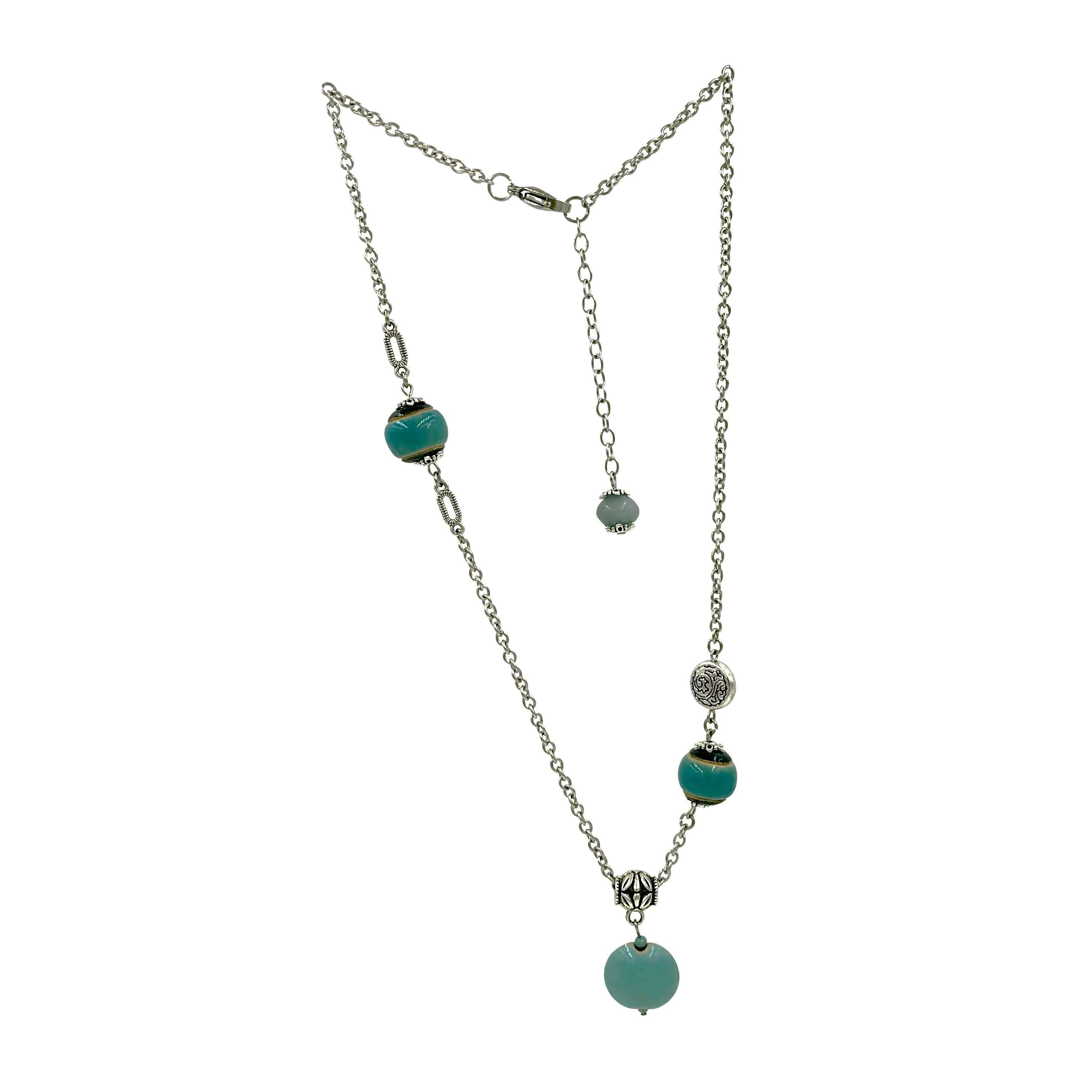 Pendant Necklace with Teal, Ocean Blue and Silver Beads