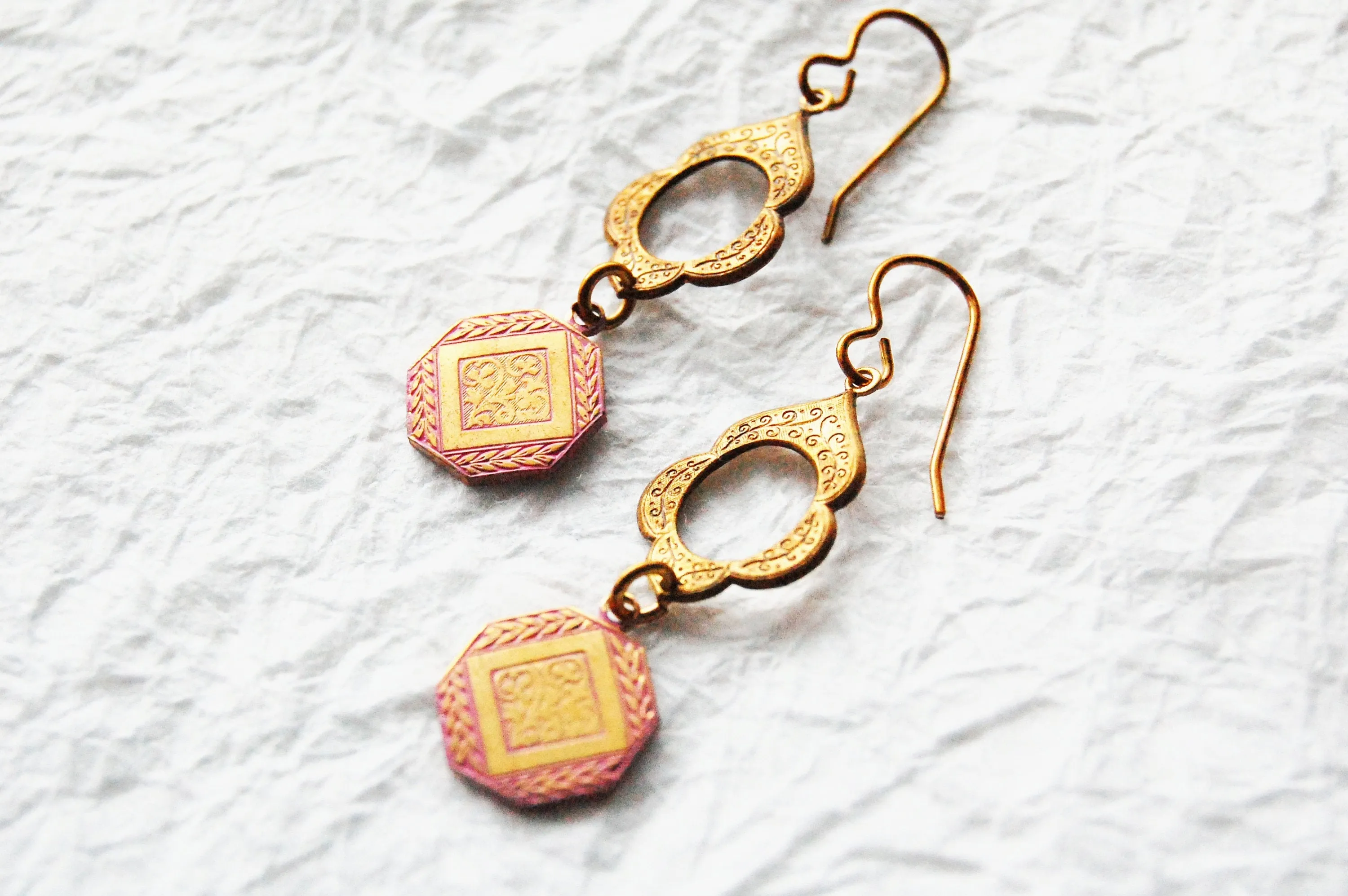 Pink Solid Brass Motif Retro Inspired Earrings, E041716 Mykos Rose