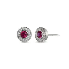 Platinum Finish Sterling Silver Micropave Round Simulated Ruby Earrings with Simulated Diamonds