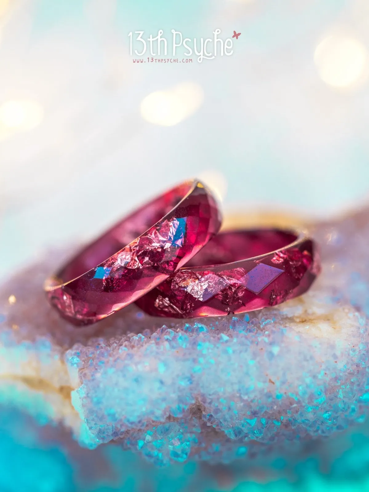 Plum and rose gold flakes faceted resin ring