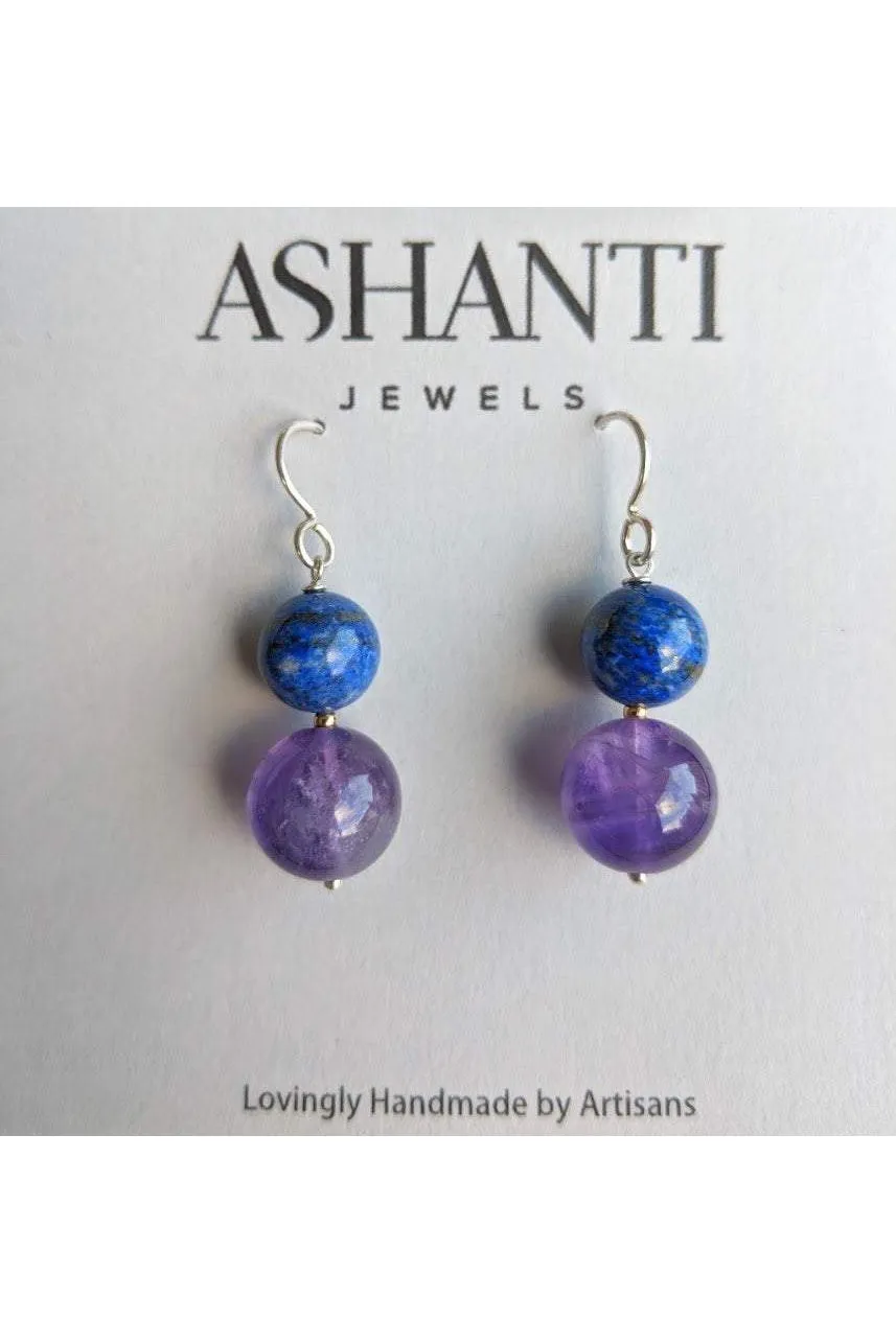 Purple Amethyst, Blue Lapis Lazuli Gemstone Dangle Earrings