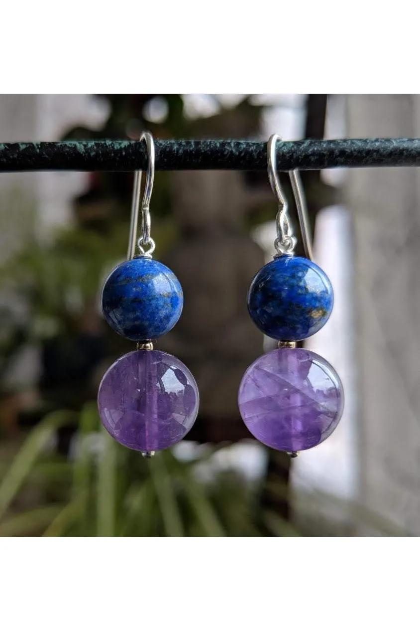 Purple Amethyst, Blue Lapis Lazuli Gemstone Dangle Earrings