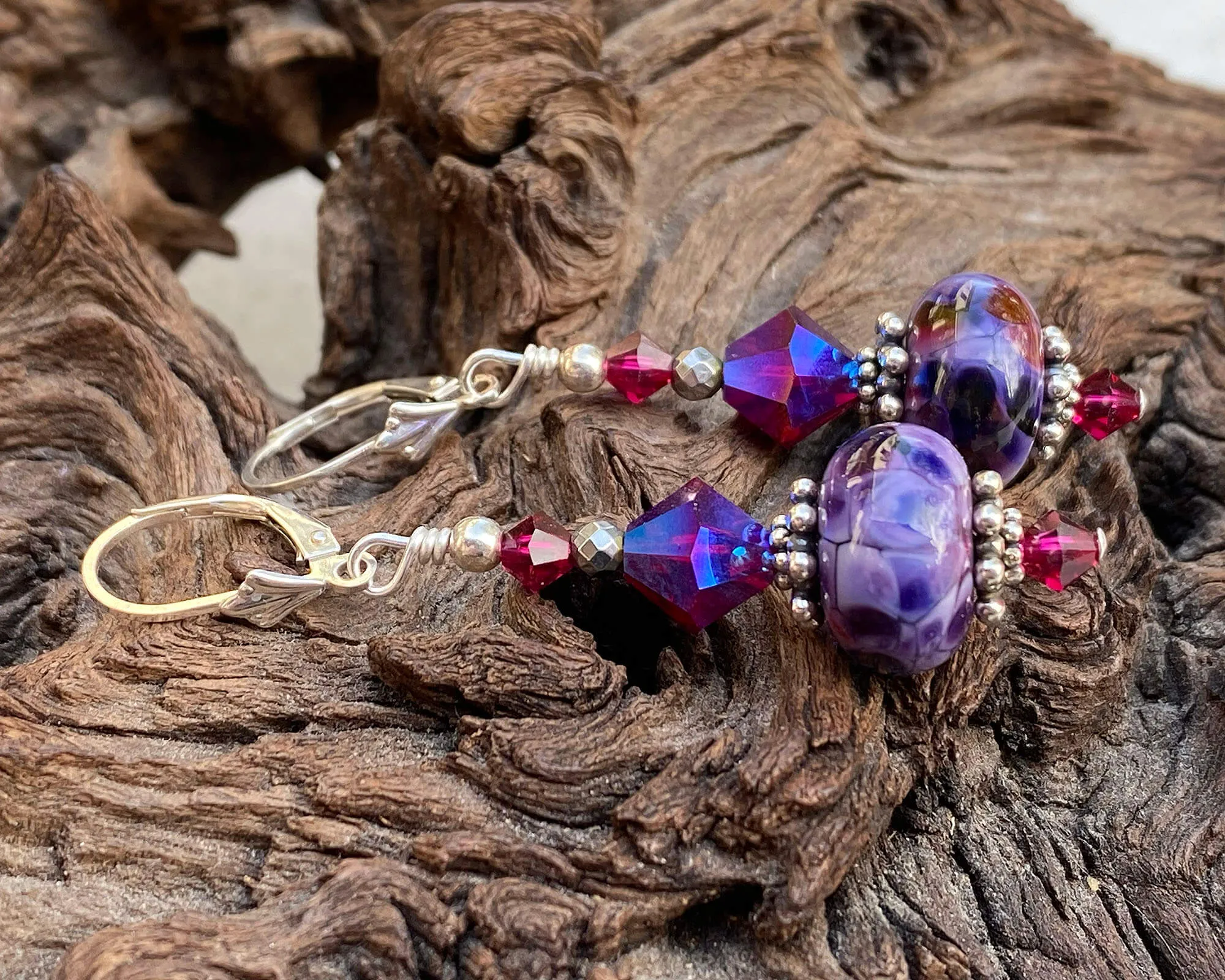 Purple Fuchsia Crystal Lampwork Earrings