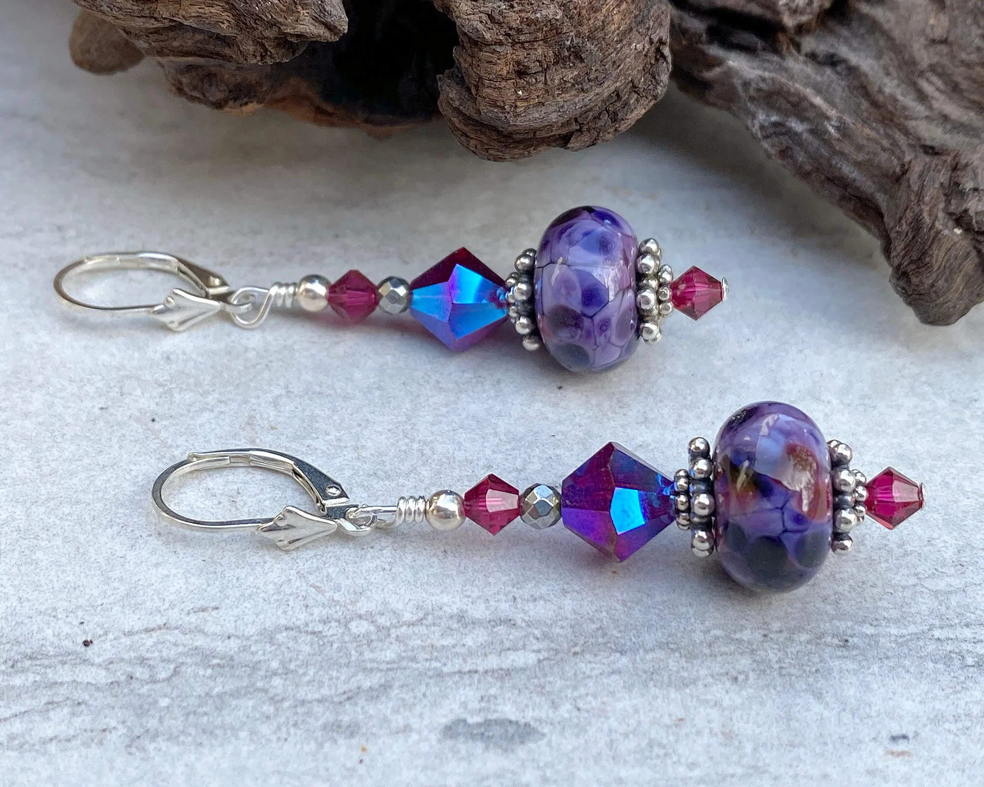 Purple Fuchsia Crystal Lampwork Earrings