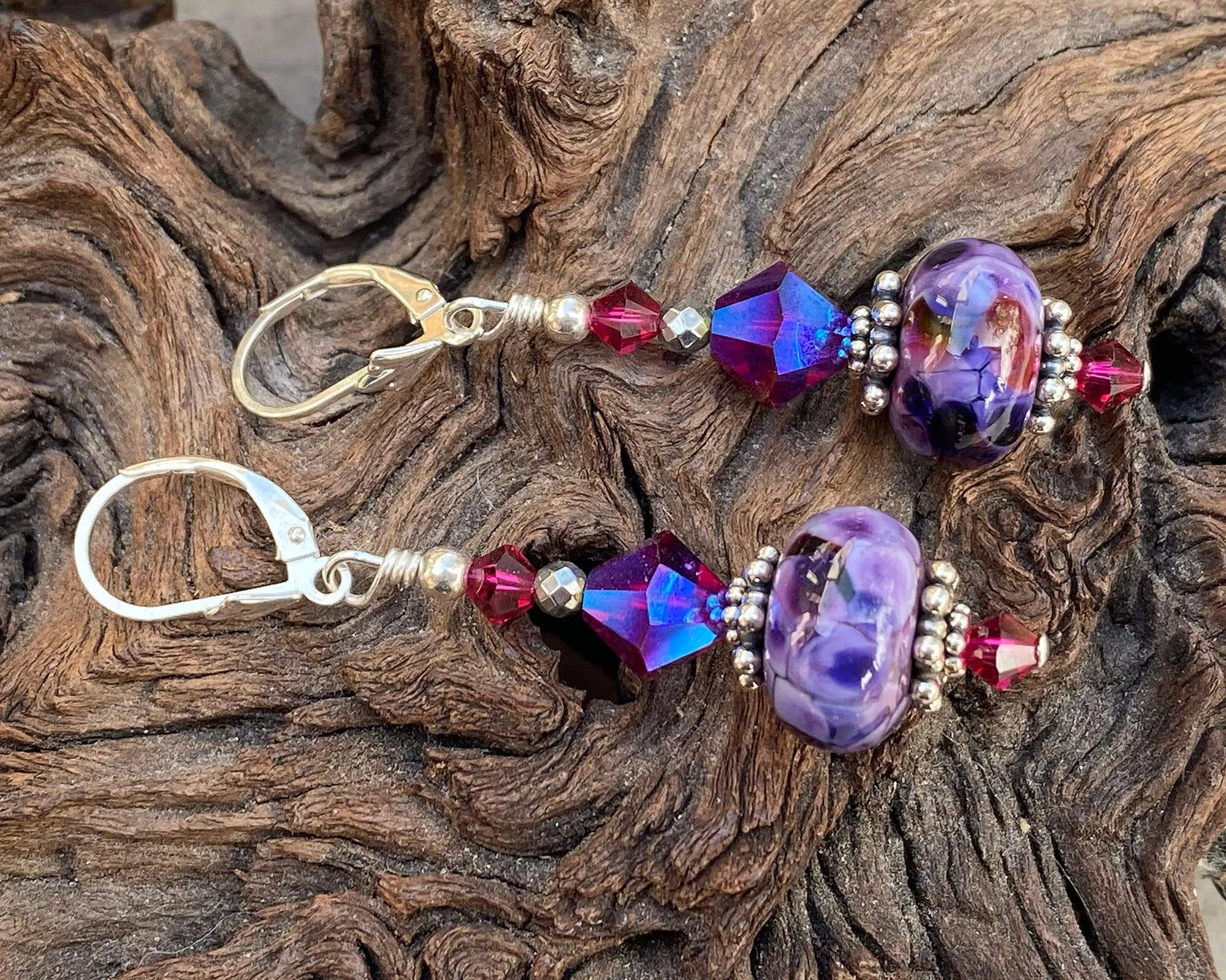 Purple Fuchsia Crystal Lampwork Earrings