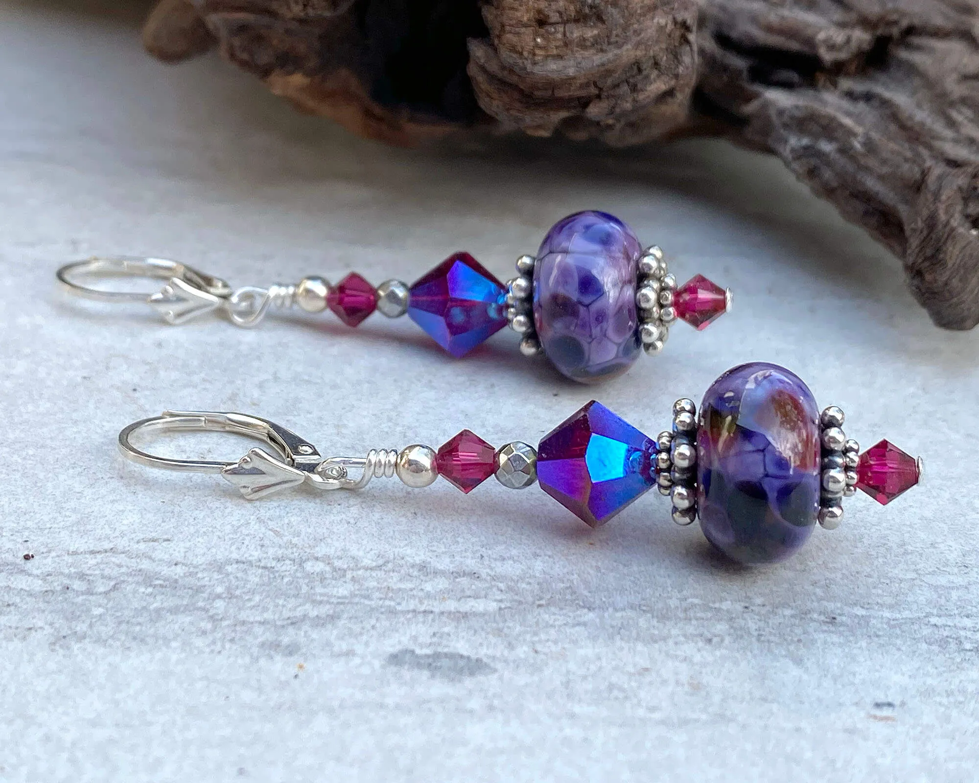 Purple Fuchsia Crystal Lampwork Earrings