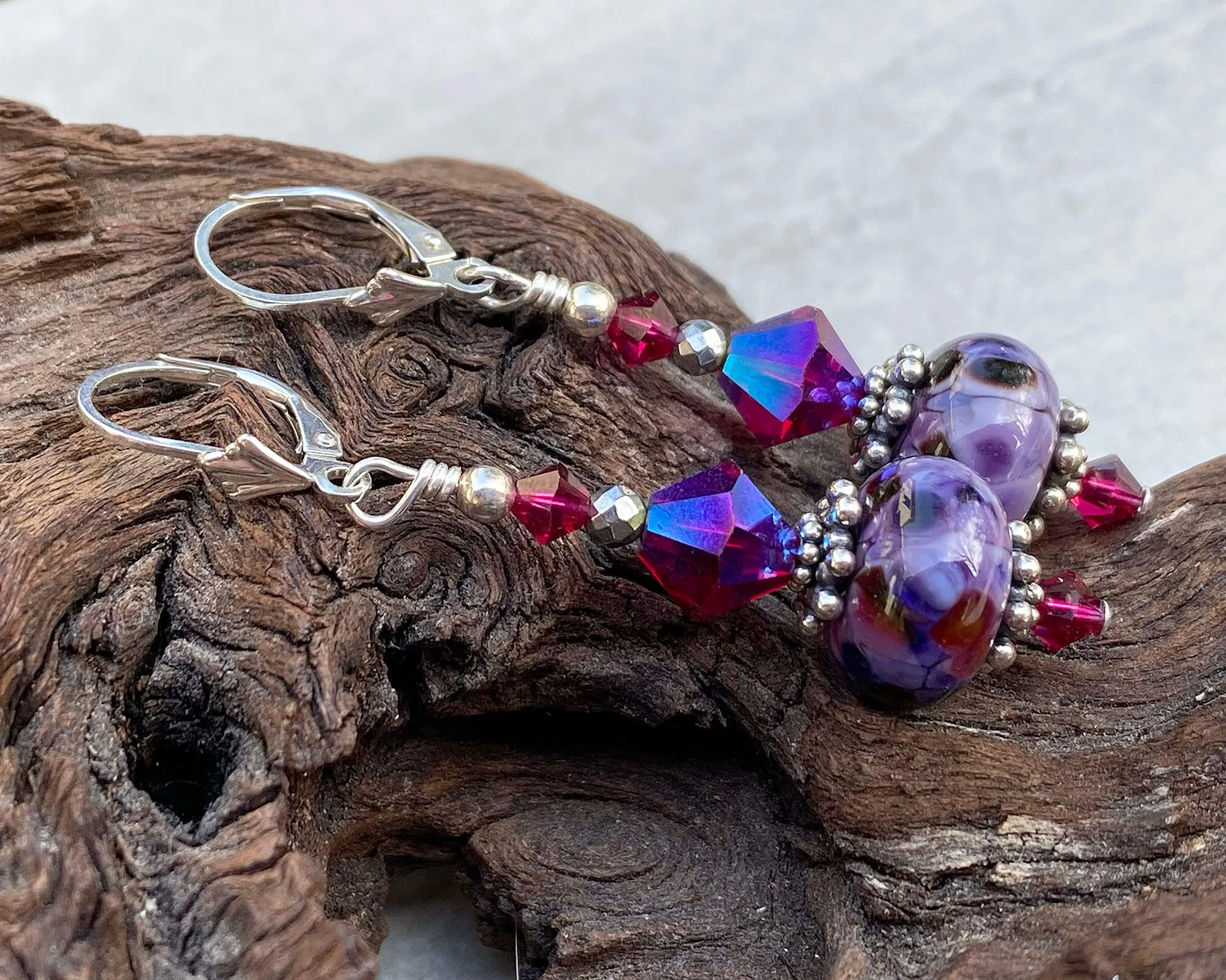 Purple Fuchsia Crystal Lampwork Earrings