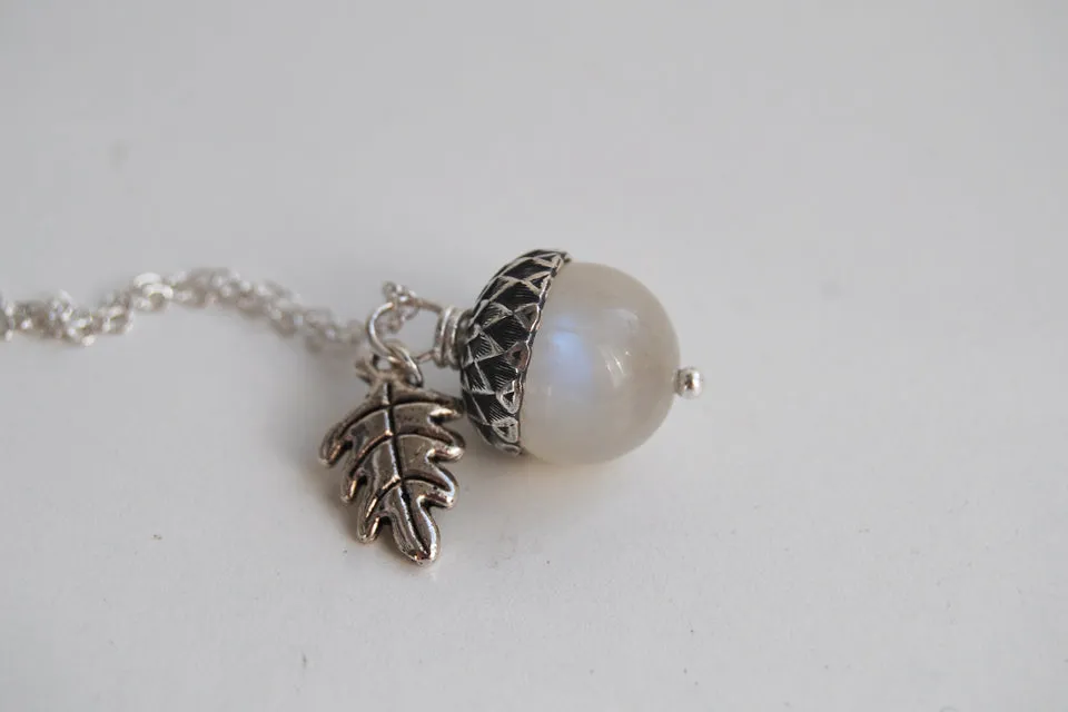 Rainbow Moonstone and Silver Acorn Necklace | Cute Nature Acorn Charm Necklace | Fall Acorn Necklace | Woodland Gemstone Acorn | Nature Jewelry