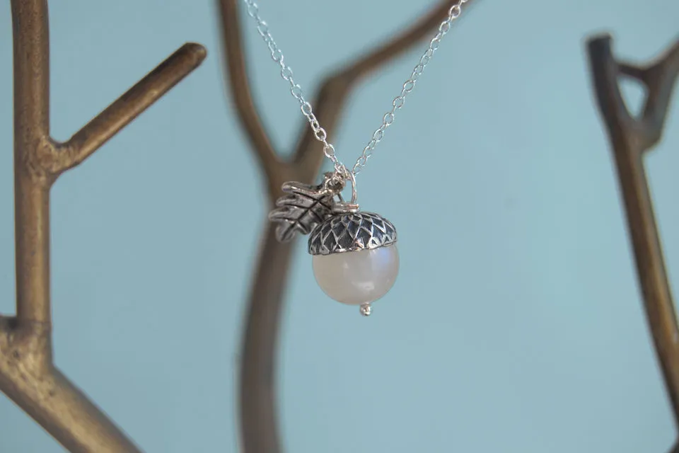 Rainbow Moonstone and Silver Acorn Necklace | Cute Nature Acorn Charm Necklace | Fall Acorn Necklace | Woodland Gemstone Acorn | Nature Jewelry