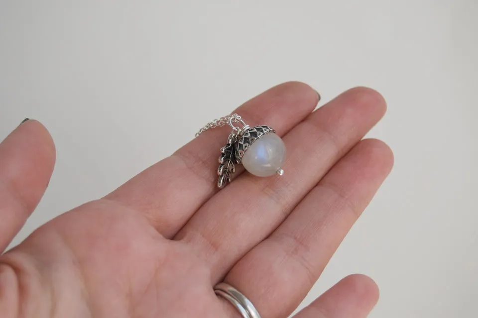 Rainbow Moonstone and Silver Acorn Necklace | Cute Nature Acorn Charm Necklace | Fall Acorn Necklace | Woodland Gemstone Acorn | Nature Jewelry