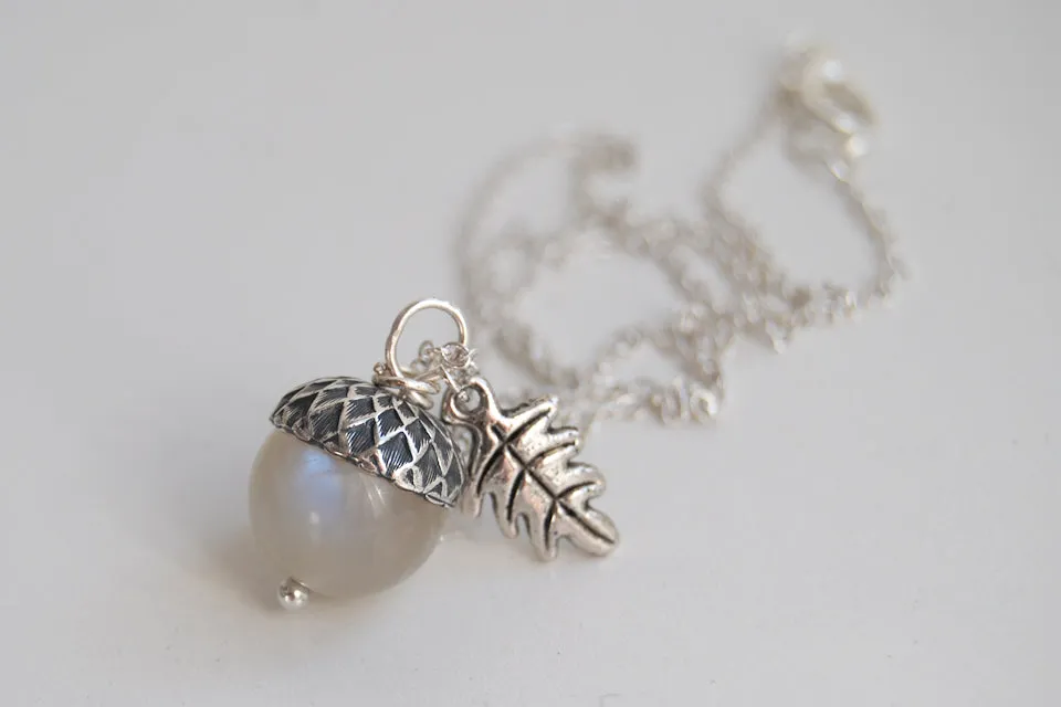 Rainbow Moonstone and Silver Acorn Necklace | Cute Nature Acorn Charm Necklace | Fall Acorn Necklace | Woodland Gemstone Acorn | Nature Jewelry