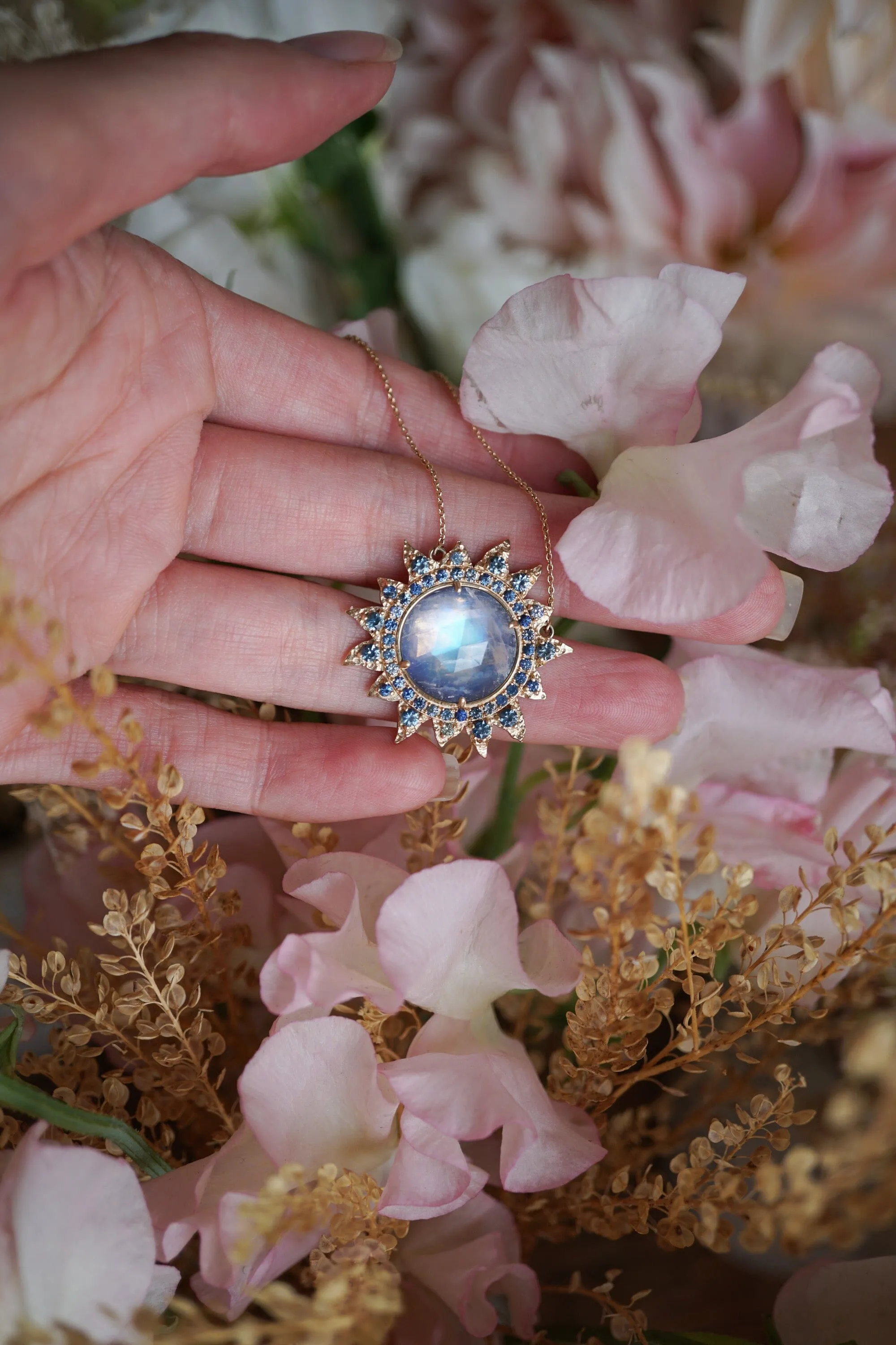 Rainbow Moonstone   Sapphire Necklace