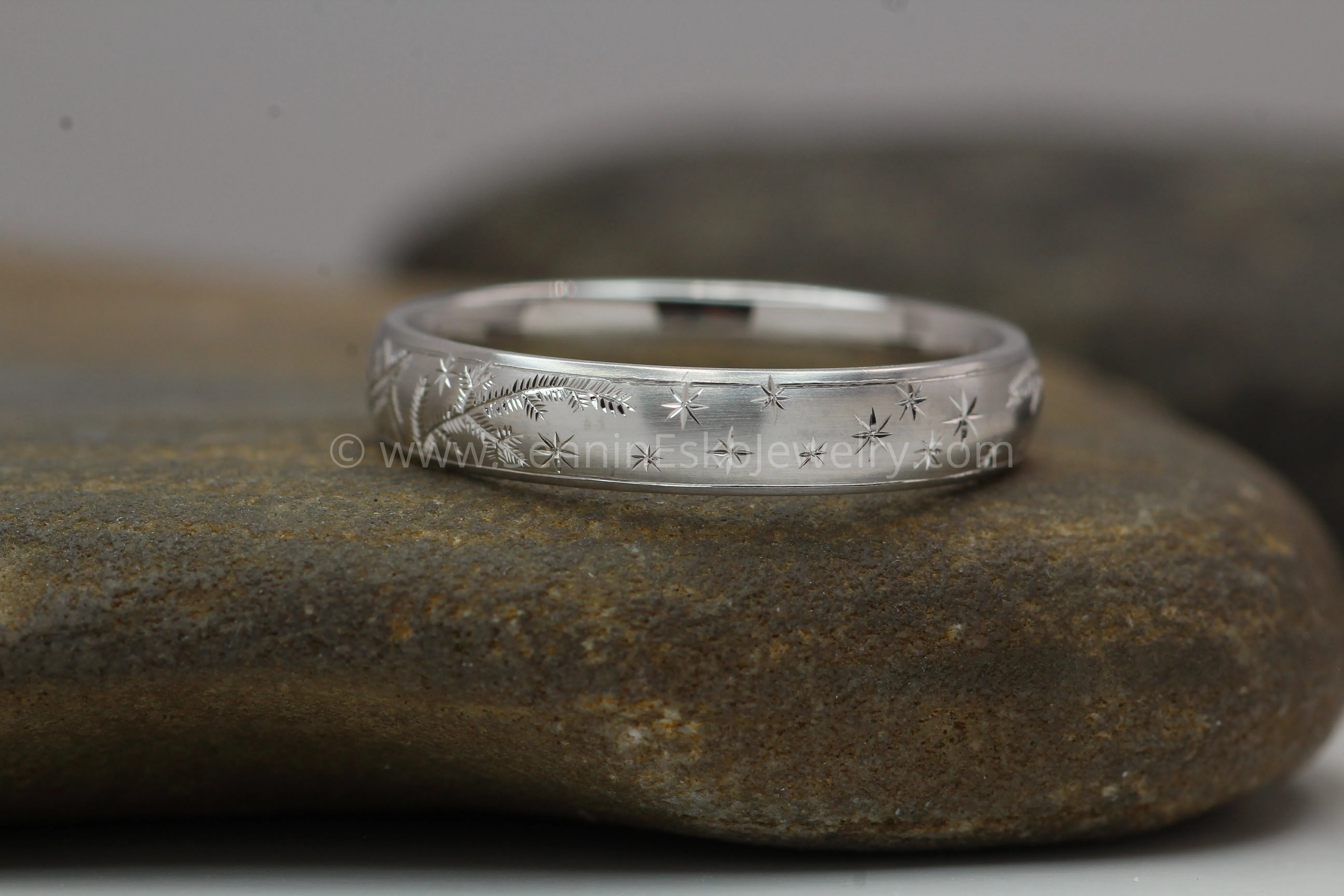 READY TO SHIP 4x1.5mm Spruce and Stars Platinum Band Size 9.5 - Comfort Fit Interior - Bright Cut Engraved Band