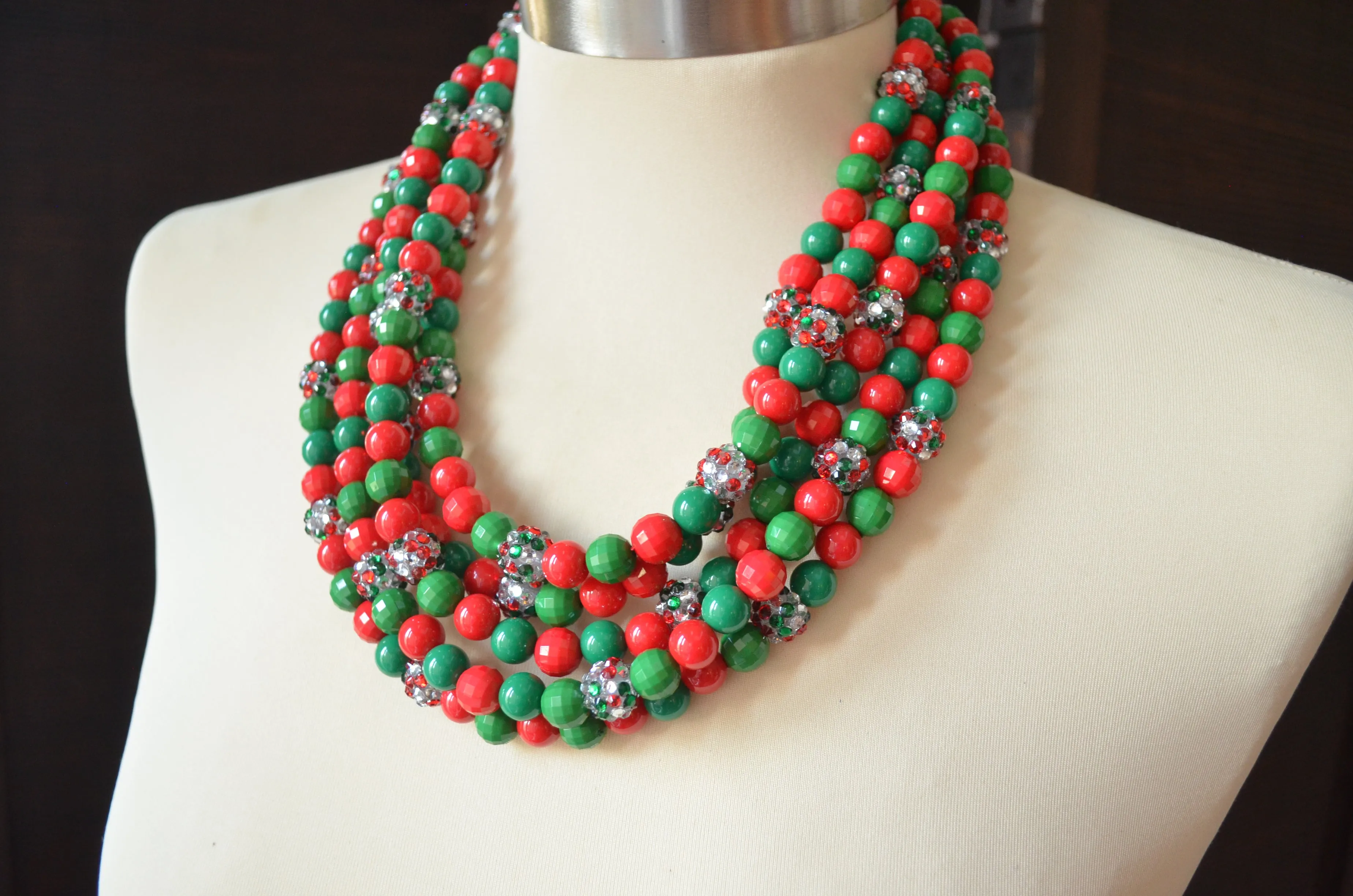 Red Green Christmas Holiday Jewelry Chunky Statement Necklace