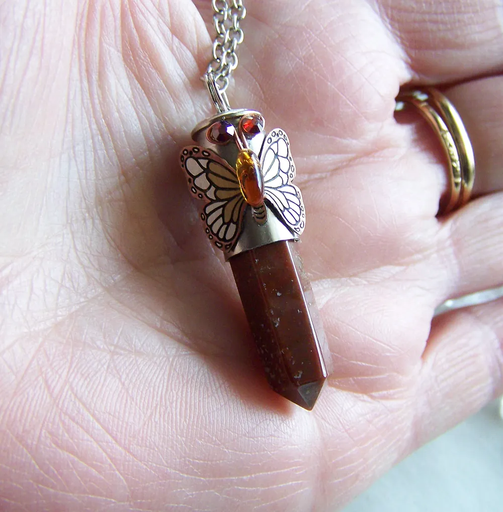 Red Jasper Butterfly Wrapped Silver Bullet Pendant