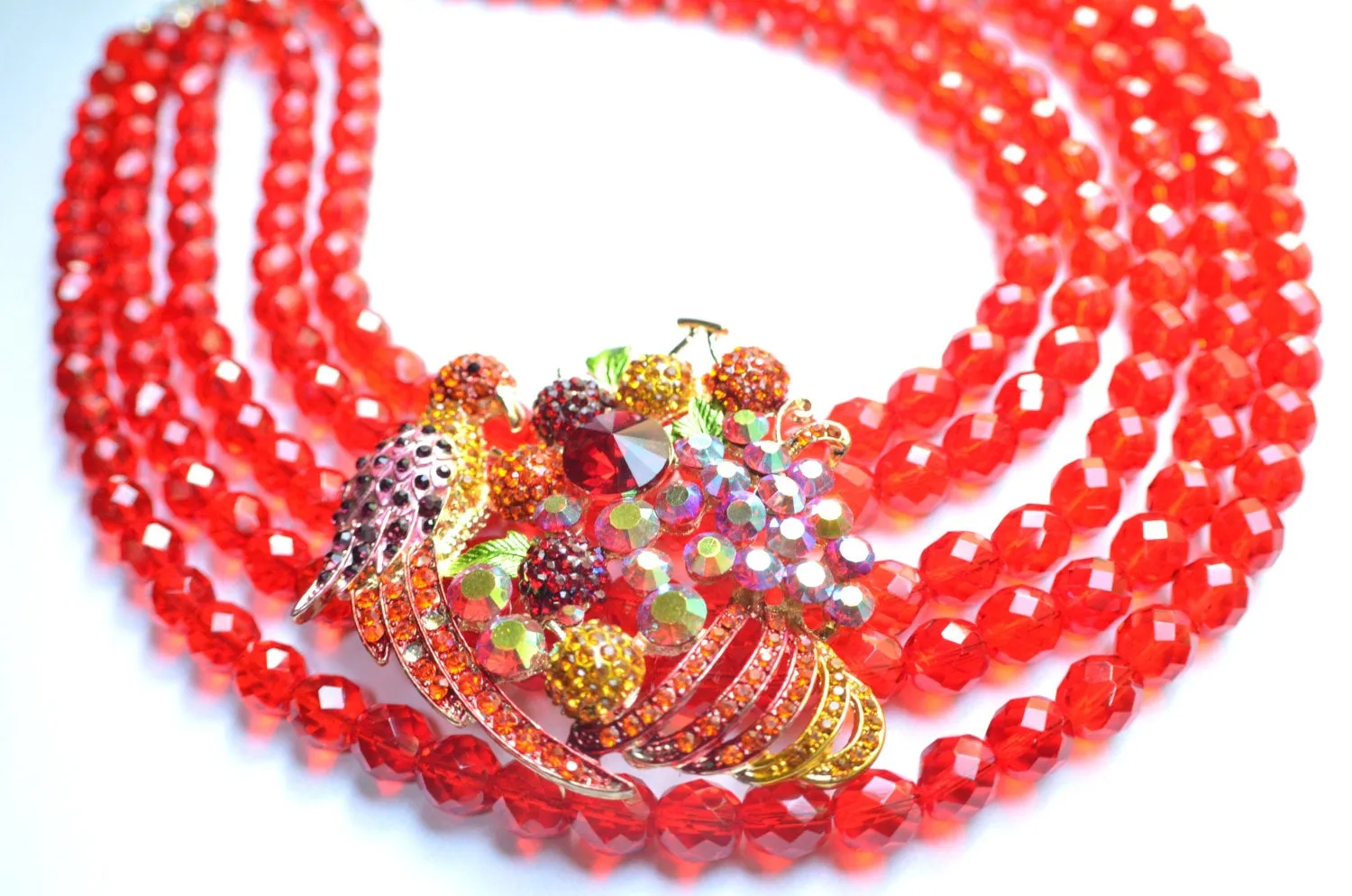 Red Statement Necklace Parrot Necklace Crystal Beaded Necklace Brooch Necklace - Bahia