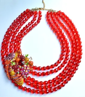 Red Statement Necklace Parrot Necklace Crystal Beaded Necklace Brooch Necklace - Bahia