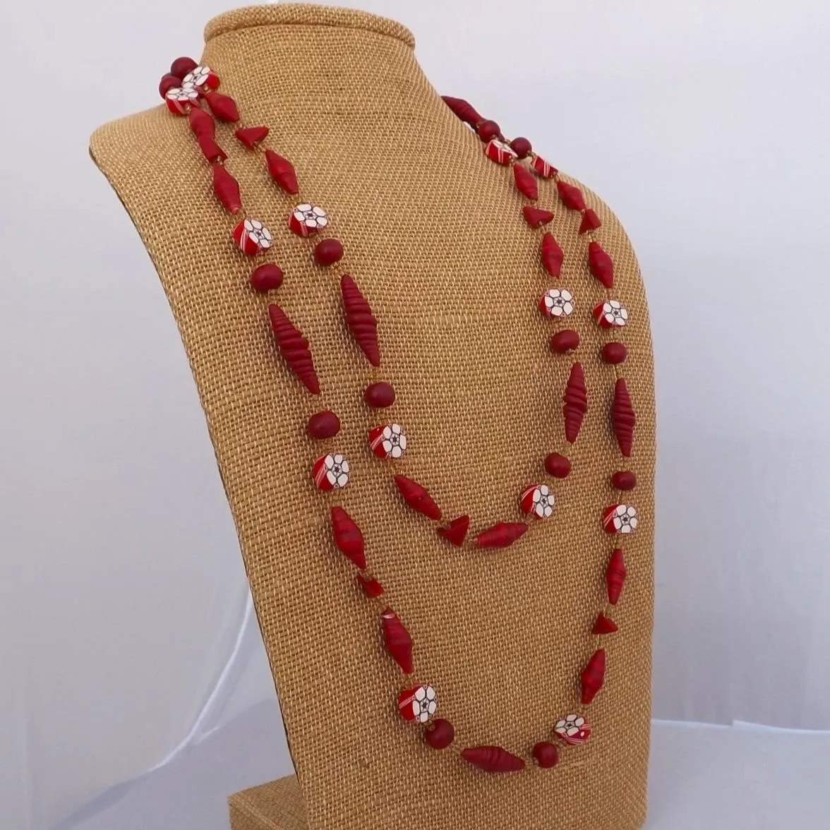 Red, White & Amber Handmade Vintage Polymer Clay Necklace