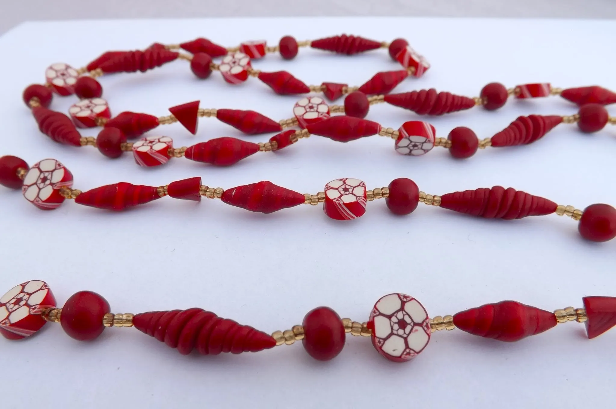 Red, White & Amber Handmade Vintage Polymer Clay Necklace