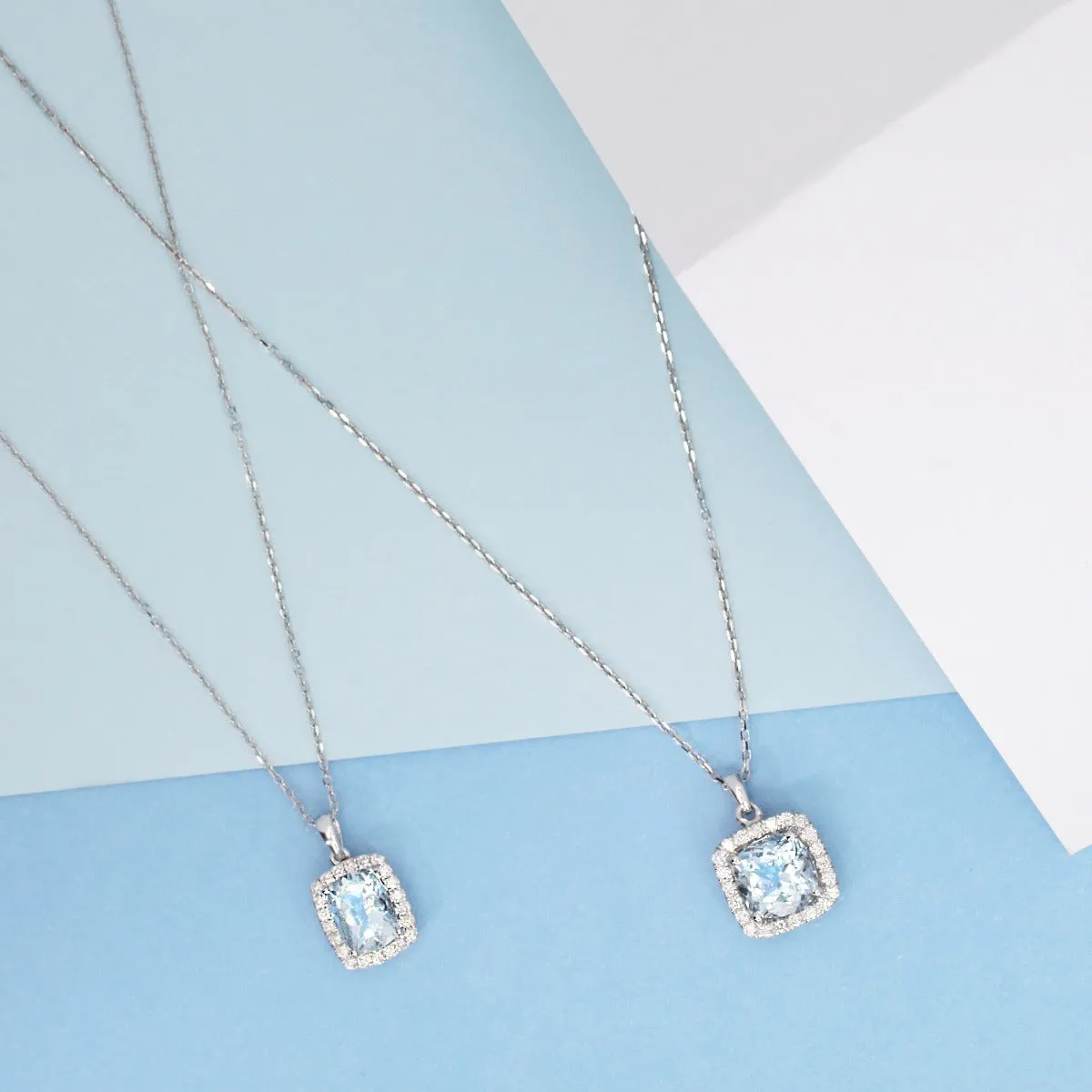 Rosa Mer Collection 1.44ct Cushion Aquamarine & Diamond Halo Necklace