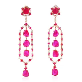 Rose Gold Square Slice Ruby Prong Baguette Diamond July Birthstone Studded Chandelier Earrings