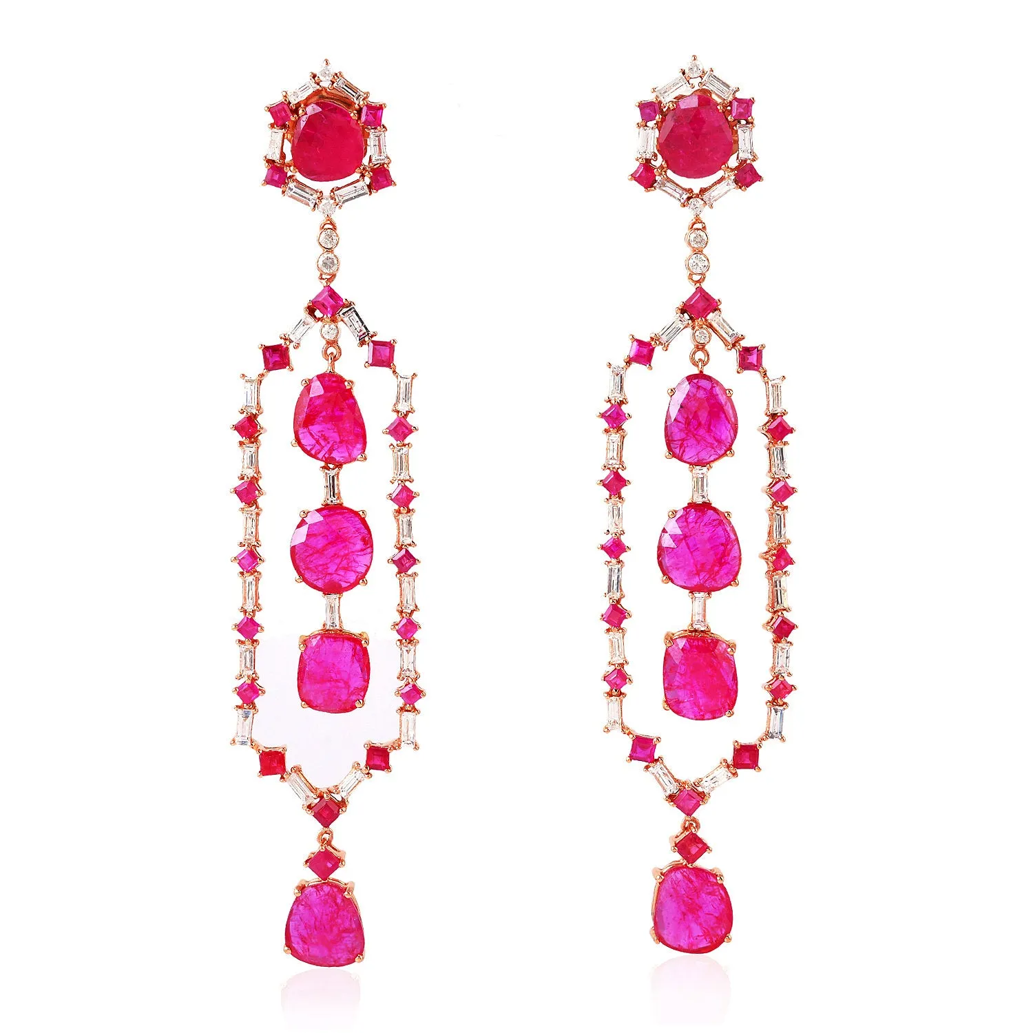 Rose Gold Square Slice Ruby Prong Baguette Diamond July Birthstone Studded Chandelier Earrings