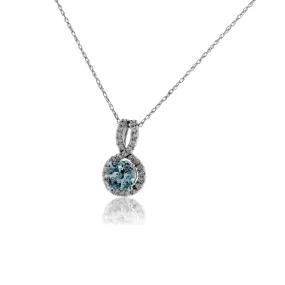 Round Aquamarine & Diamond Halo Pendant with Diamond Bail