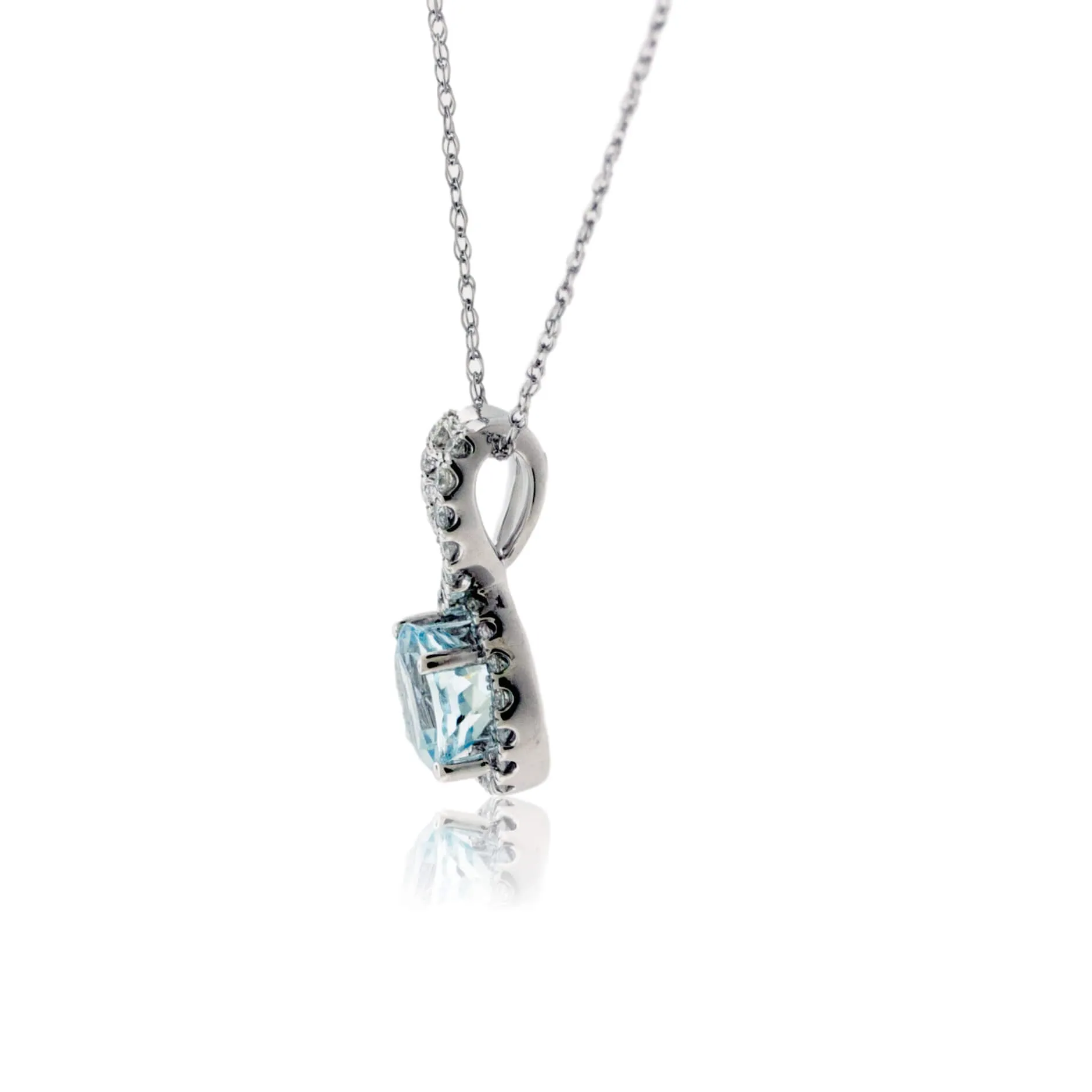 Round Aquamarine & Diamond Halo Pendant with Diamond Bail