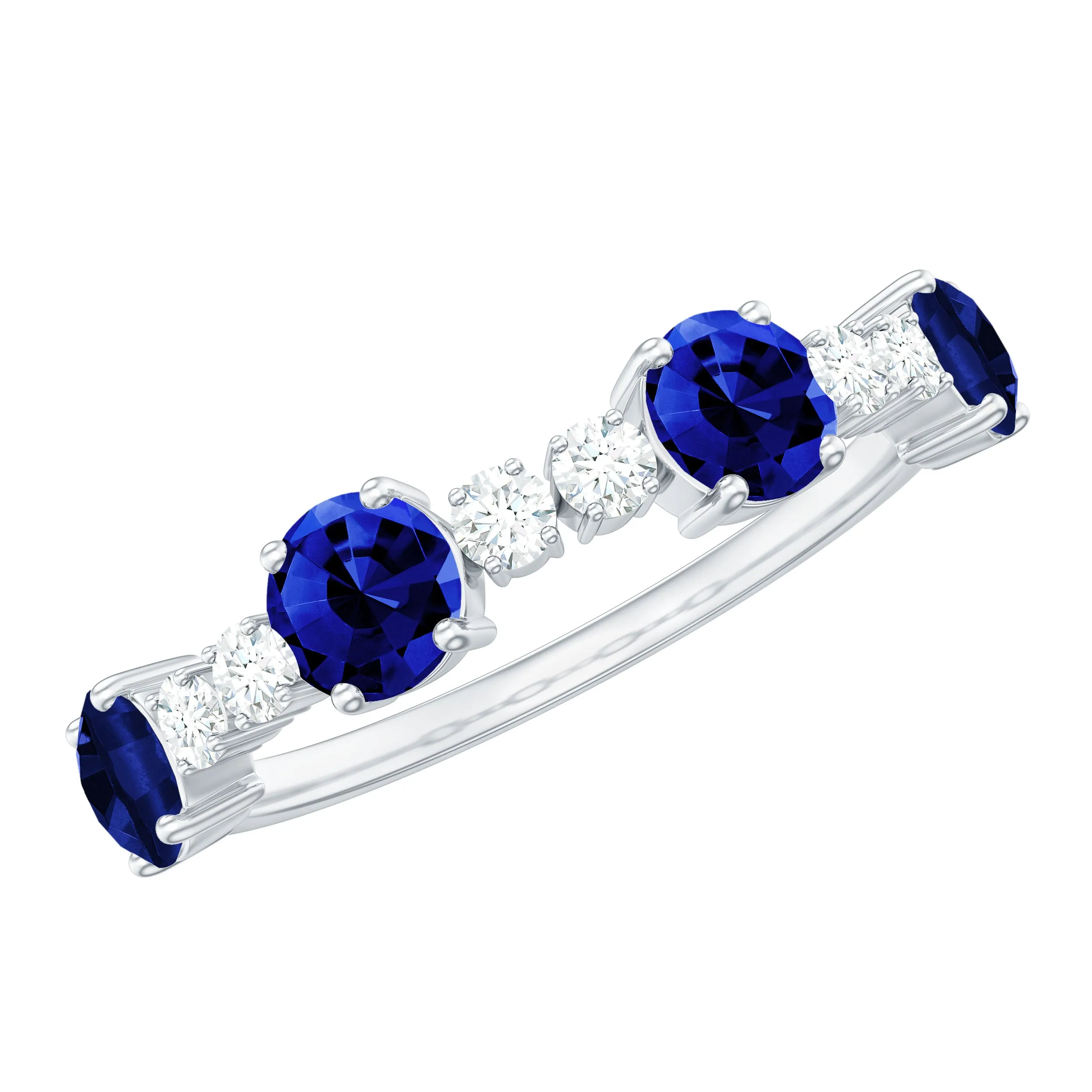 Round Created Blue Sapphire and Diamond Alternate Half Eternity Ring