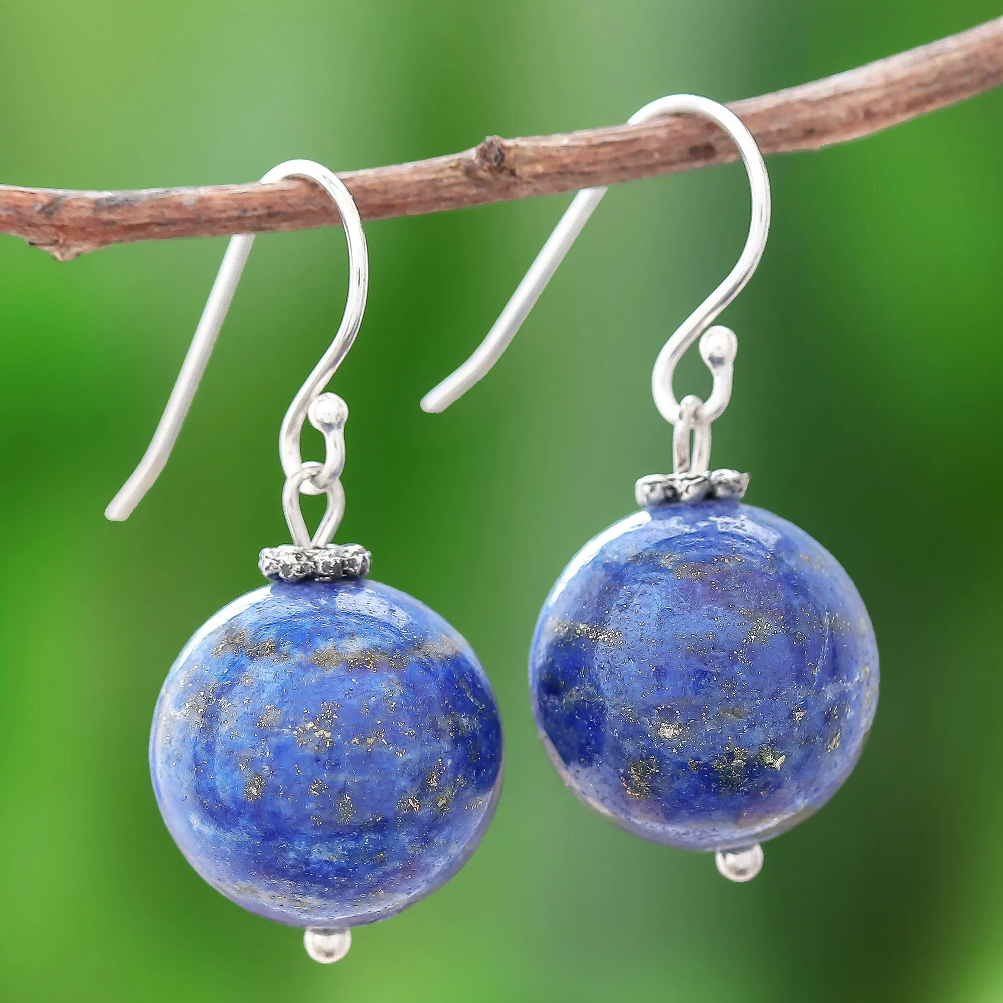 Round Lapis Lazuli Dangle Earrings from Thailand - Round Charm | NOVICA