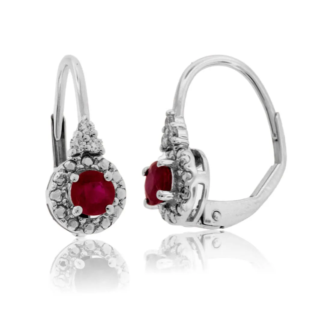 Round Ruby & Diamond Halo Dangle Earrings