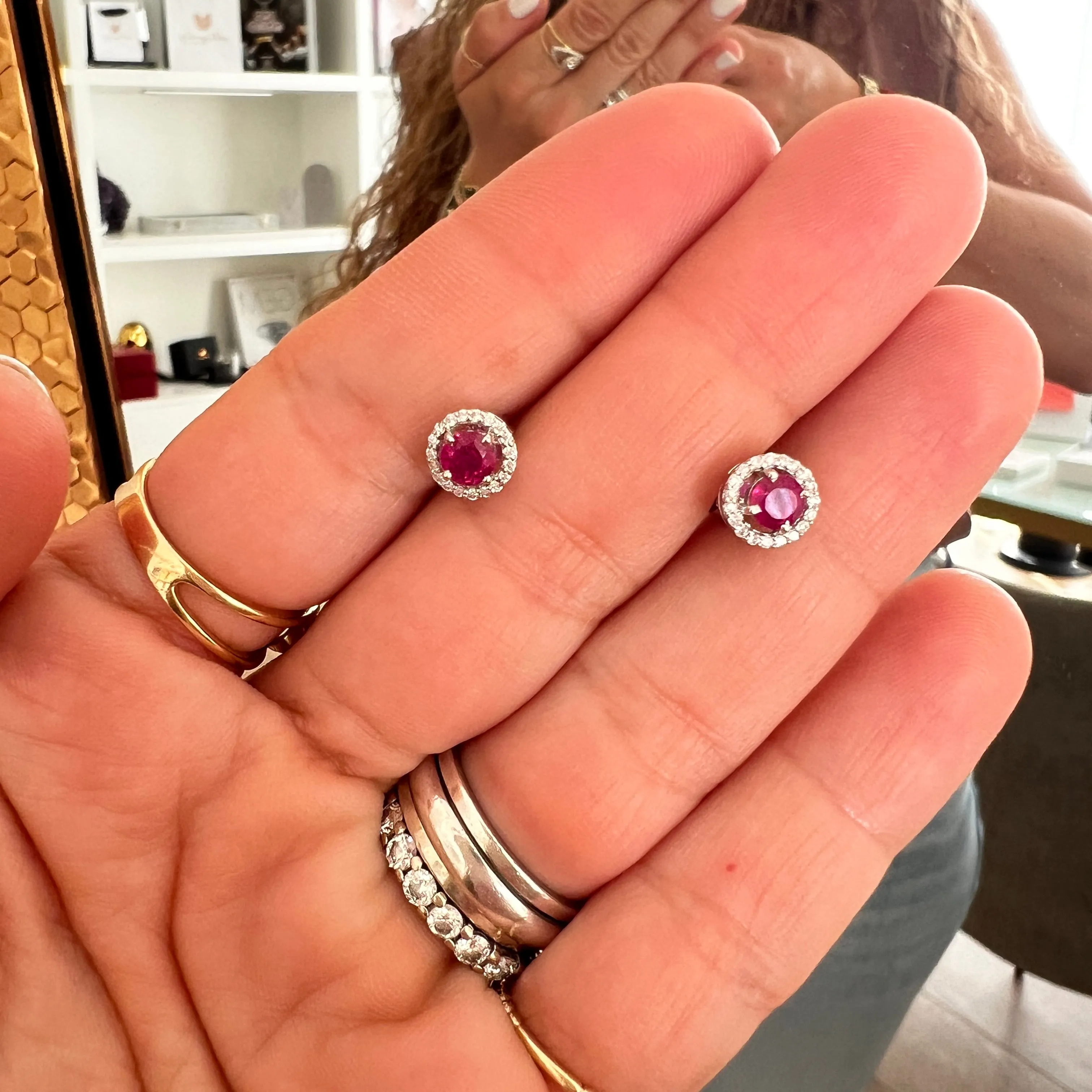 Round Ruby With Diamond Halo Studs