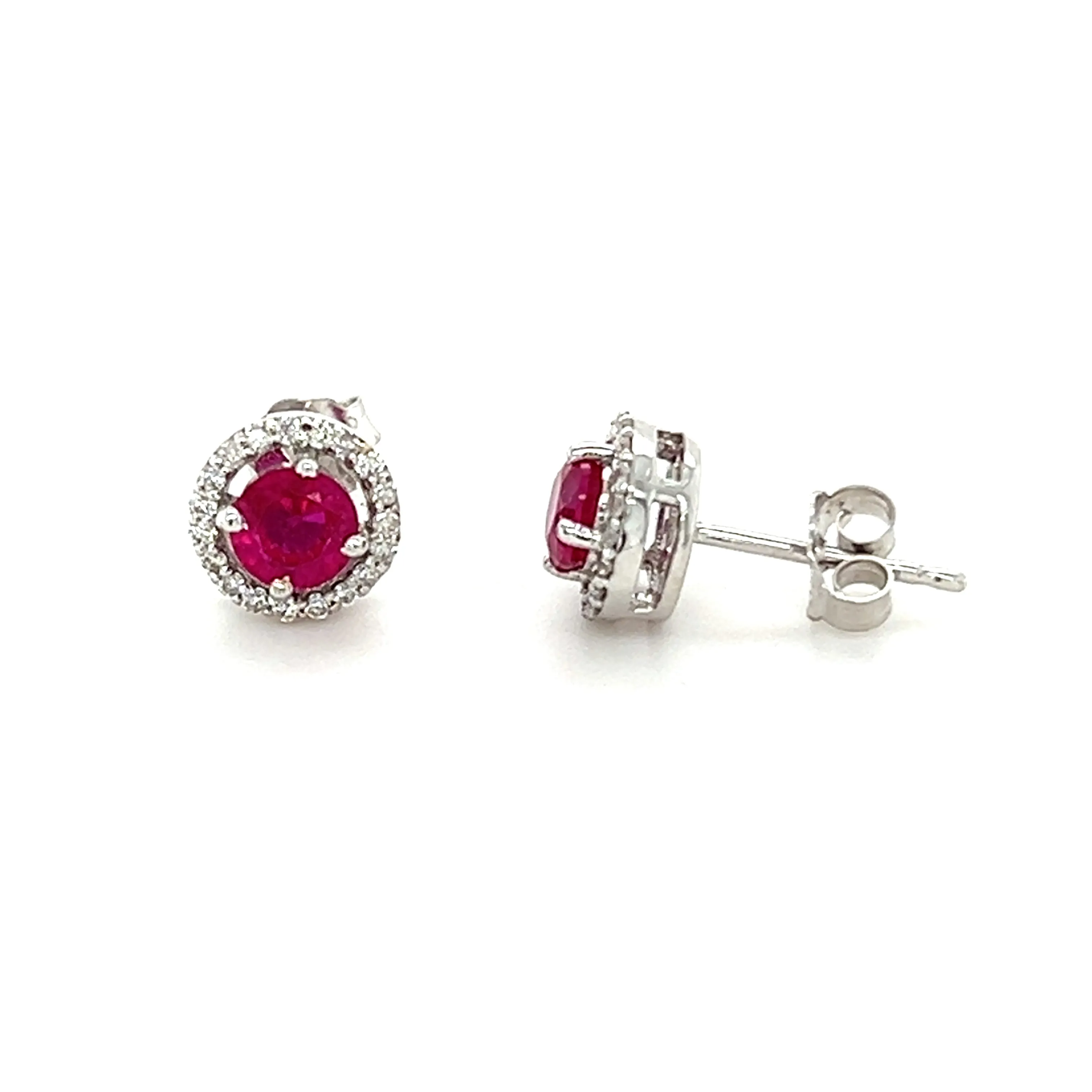 Round Ruby With Diamond Halo Studs