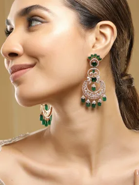 Rubans 18K Rose Gold-Plated Emerald & Zirconia Studded Green Beaded Long Chandbali Earring