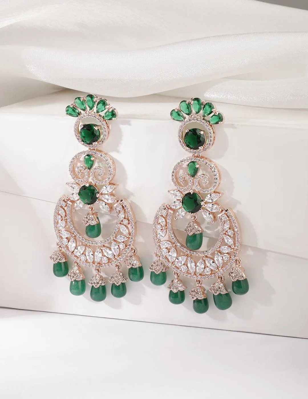 Rubans 18K Rose Gold-Plated Emerald & Zirconia Studded Green Beaded Long Chandbali Earring