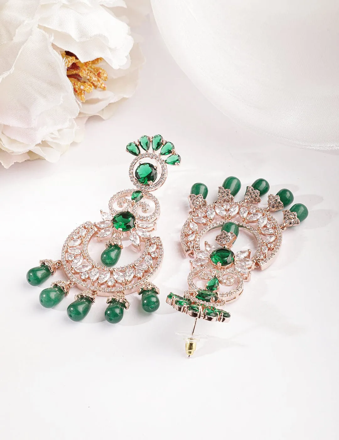 Rubans 18K Rose Gold-Plated Emerald & Zirconia Studded Green Beaded Long Chandbali Earring