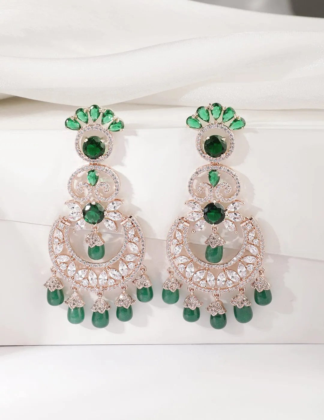 Rubans 18K Rose Gold-Plated Emerald & Zirconia Studded Green Beaded Long Chandbali Earring