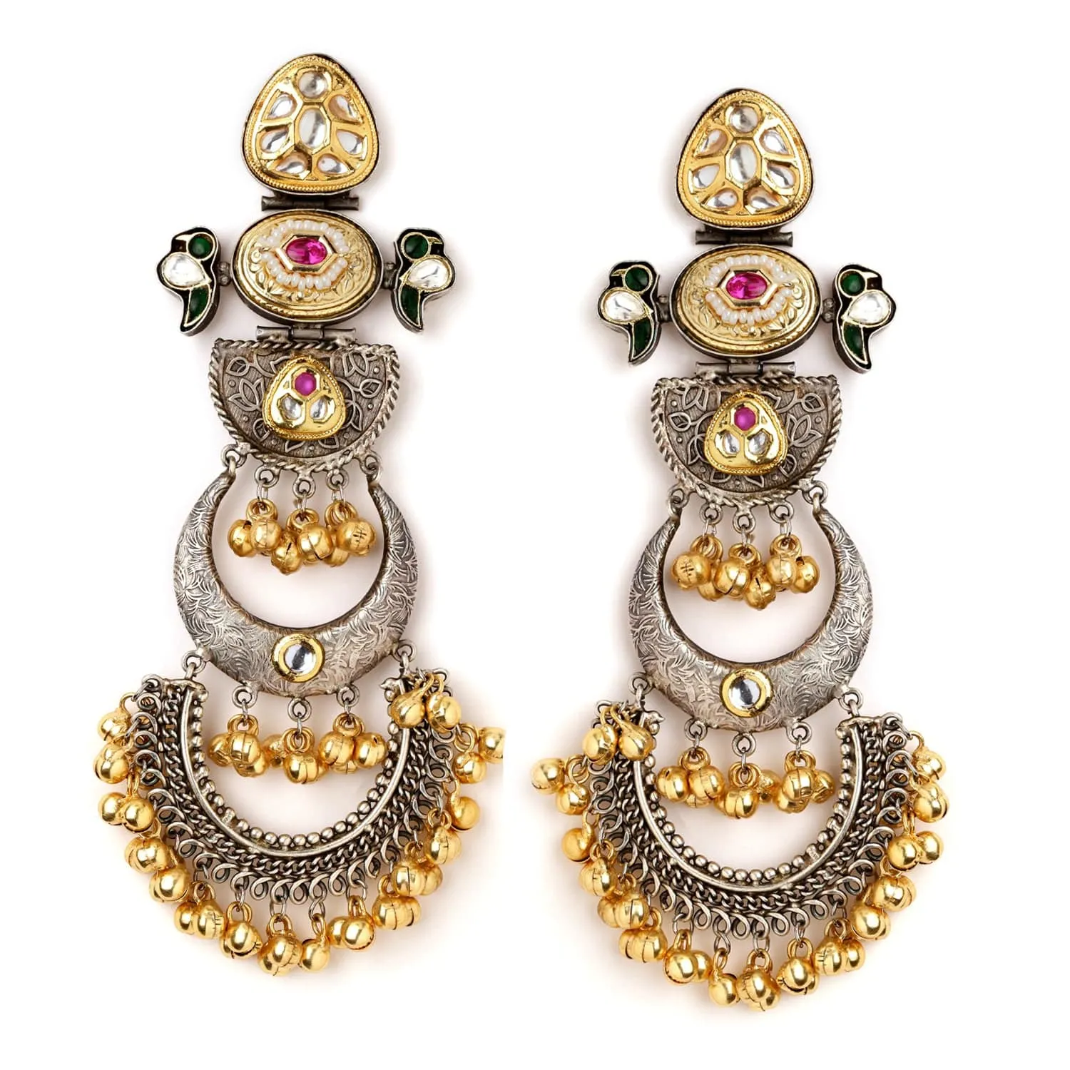 Rubans Oxidized Silver & Gold-Plated Long Chandbali with Kundan, Ruby, Emerald & Gold Beads