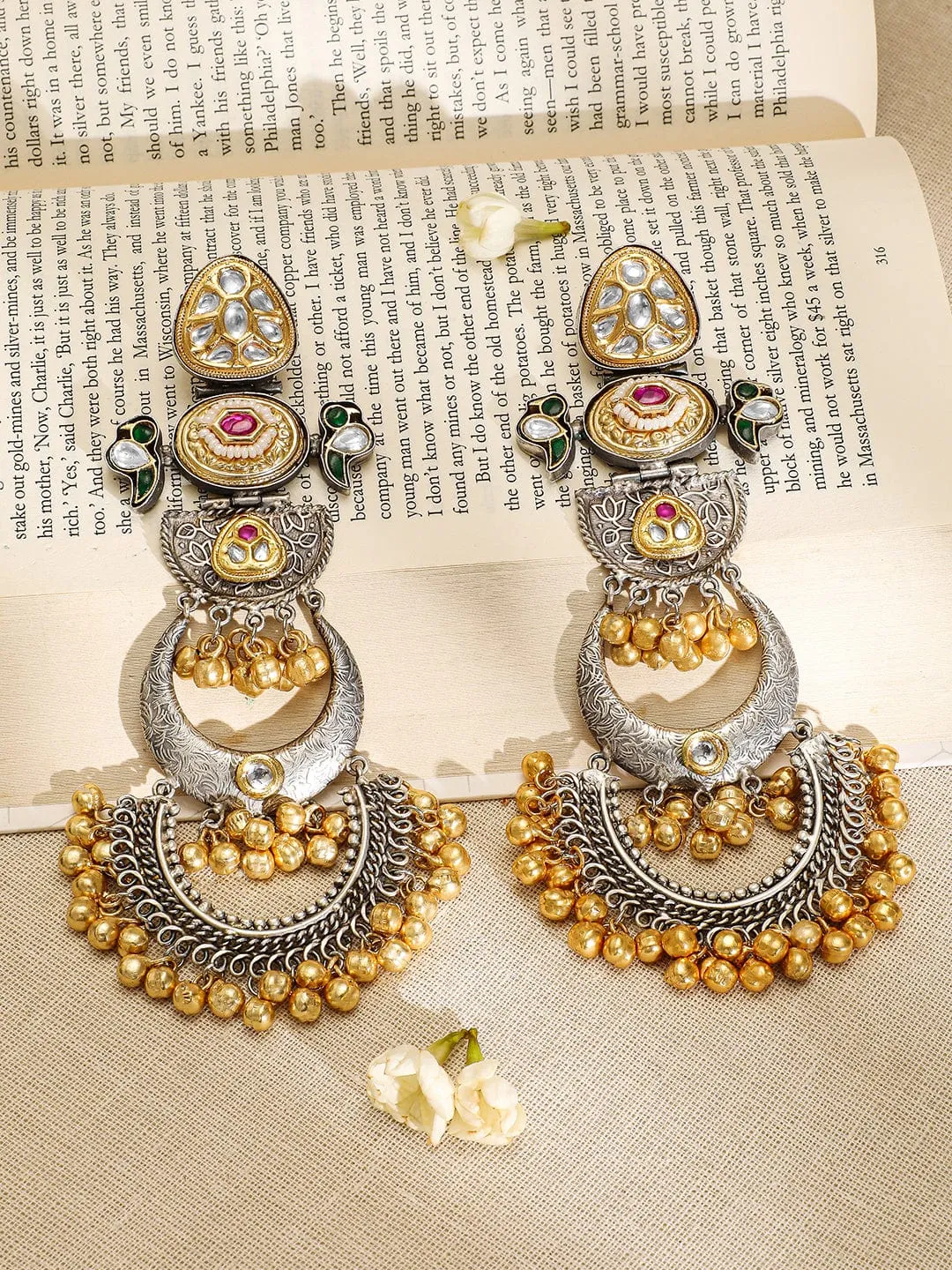 Rubans Oxidized Silver & Gold-Plated Long Chandbali with Kundan, Ruby, Emerald & Gold Beads