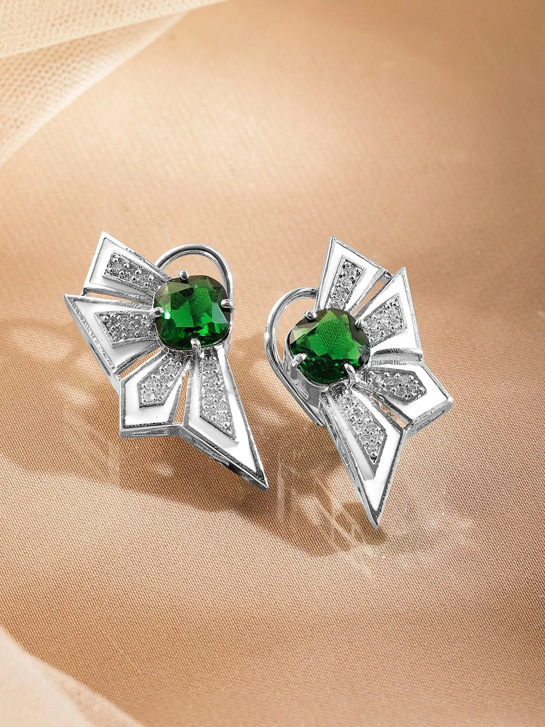 Rubans Silver-Plated Emerald Green & Cubic Zirconia Studded Statement Stud Earrings