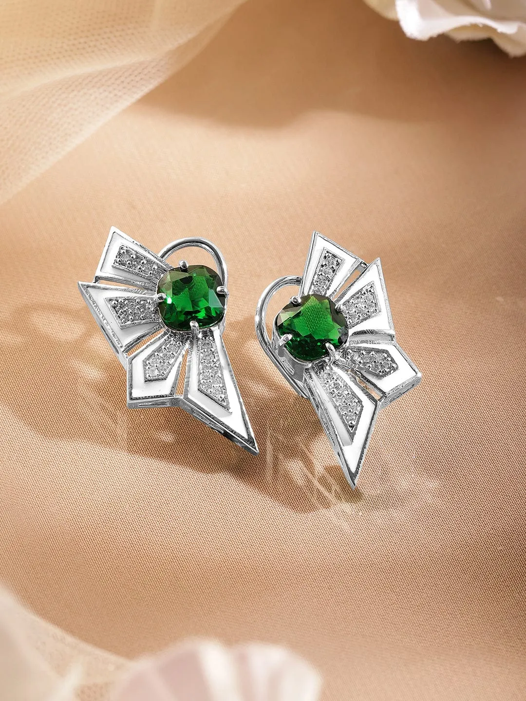 Rubans Silver-Plated Emerald Green & Cubic Zirconia Studded Statement Stud Earrings