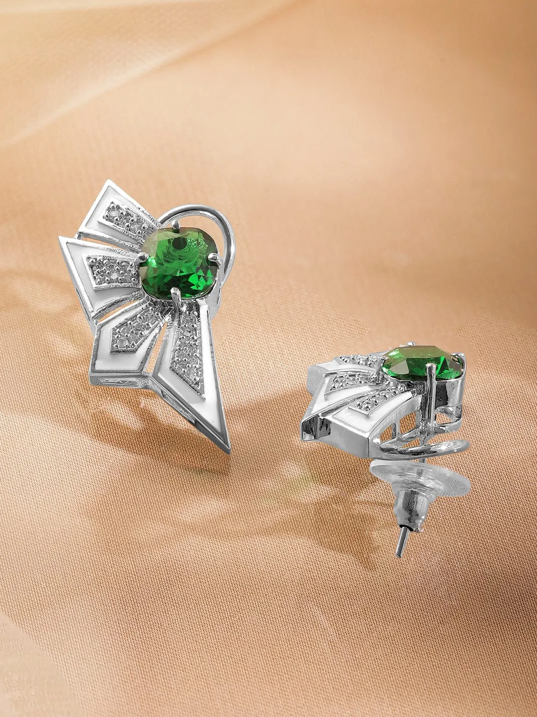 Rubans Silver-Plated Emerald Green & Cubic Zirconia Studded Statement Stud Earrings