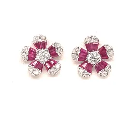 Ruby and Diamond Flower Stud Earrings