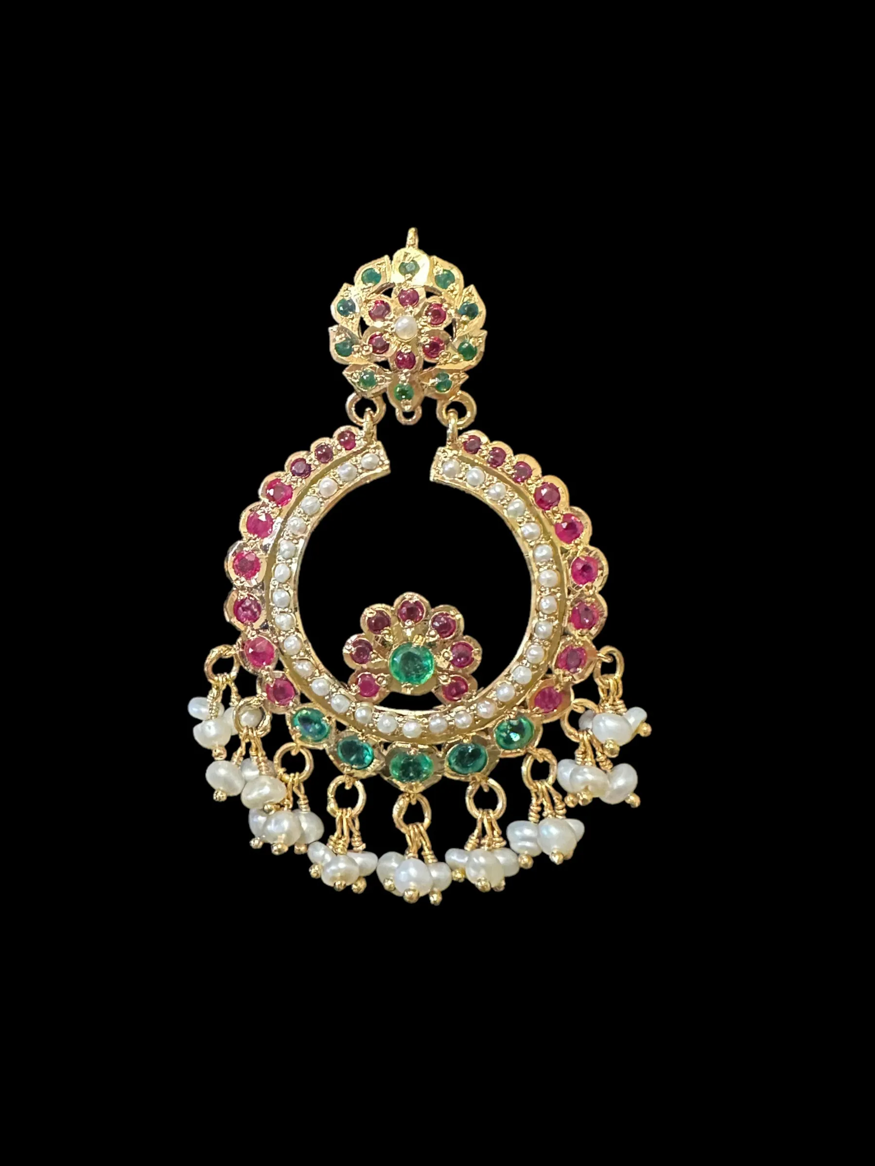 Ruby emerald with fresh water pearl chandbali earrings in gold plated silver ( SHIPS IN 5 WEEKS )