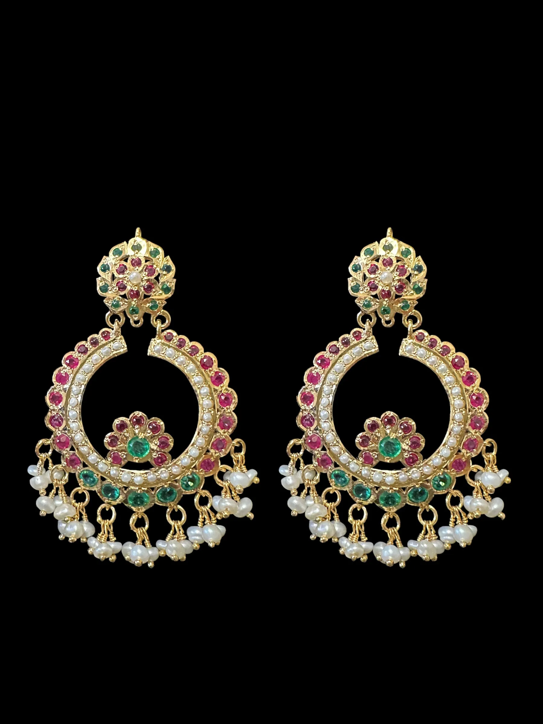 Ruby emerald with fresh water pearl chandbali earrings in gold plated silver ( SHIPS IN 5 WEEKS )