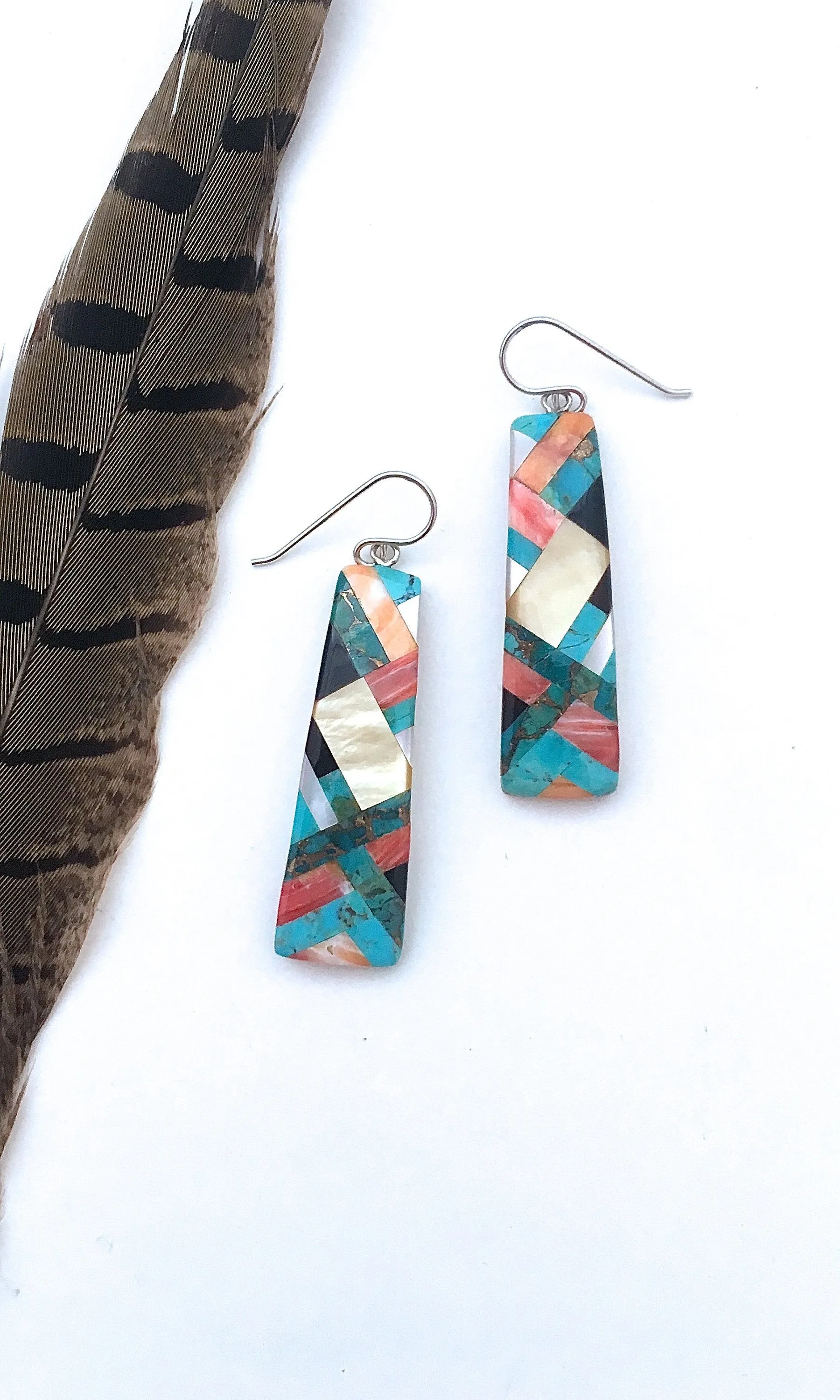 SANTO DOMINGO Spiny Oyster, Turquoise, MOP and Jet Mosaic Inlay Earrings