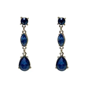 Sapphire Blue Crystal Silver Drop Clip Vintage Look Earrings