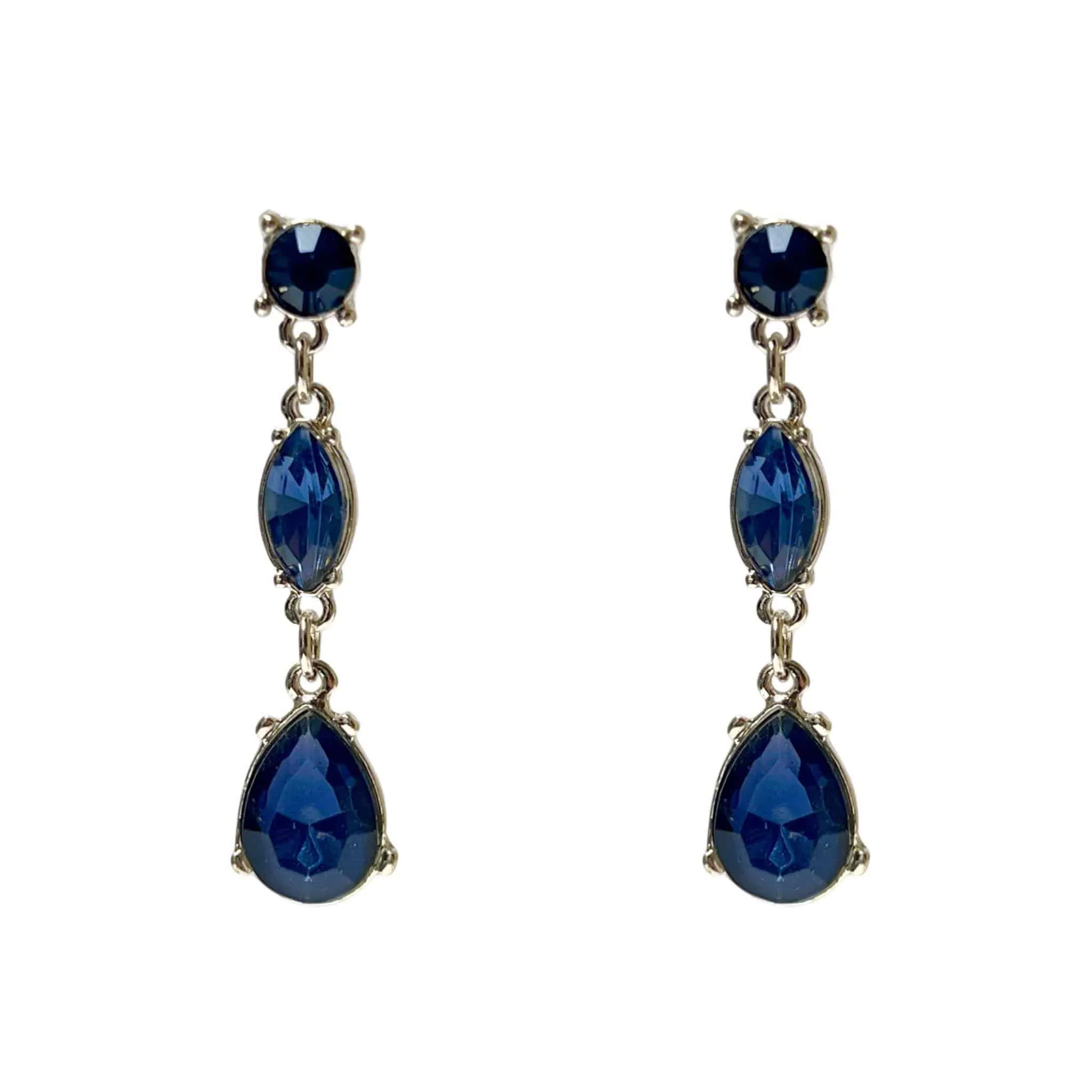 Sapphire Blue Crystal Silver Drop Clip Vintage Look Earrings